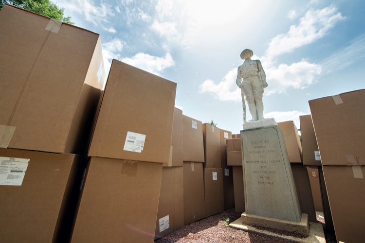 WWI Monument Surrounded by Lee Hall Moving Boxes