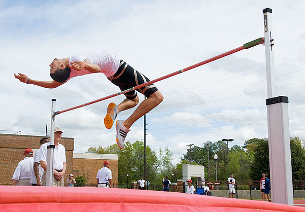Men's track action - high jump
