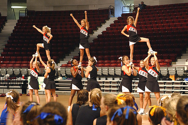 Enterprise cheerleaders at camp