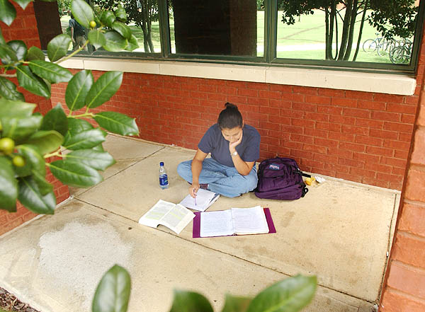 Student finds quiet place to study near library