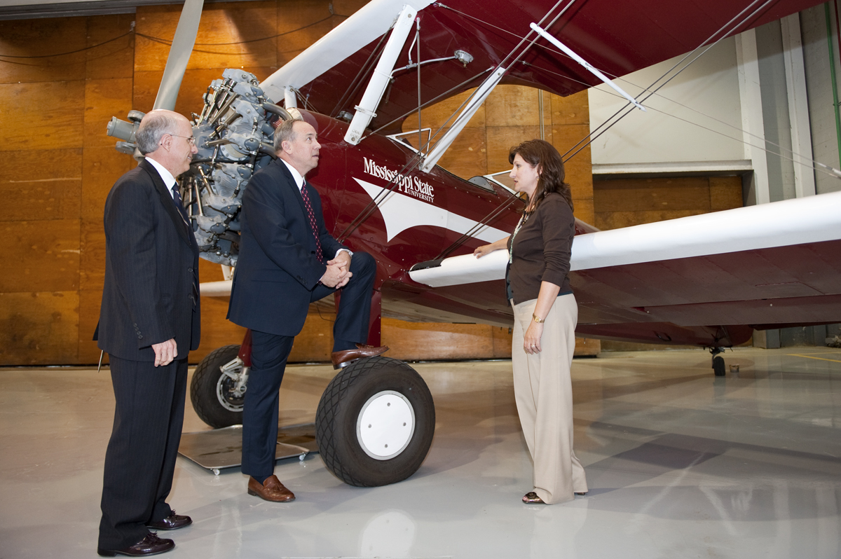 Air Force Lt. Gen. David A. Deptula (center) visits Wednesday with Mississippi State administrators David Shaw and Lori Bruce at the Raspet Flight Research Laboratory. At MSU, Shaw is vice president for research and economic development and Bruce is associate dean of research and graduate studies at the university's Bagley College of Engineering. Deptula, a three-star general, spoke on campus during the Air Force-sponsored conference on remotely piloted aircrafts. Air Force Lt. Gen. David A. Deptula (center) visits Wednesday with Mississippi State administrators David Shaw and Lori Bruce at the Raspet Flight Research Laboratory. At MSU, Shaw is vice president for research and economic development and Bruce is associate dean of research and graduate studies at the university's Bagley College of Engineering. Deptula, a three-star general, spoke on campus during the Air Force-sponsored conference on remotely piloted aircrafts.