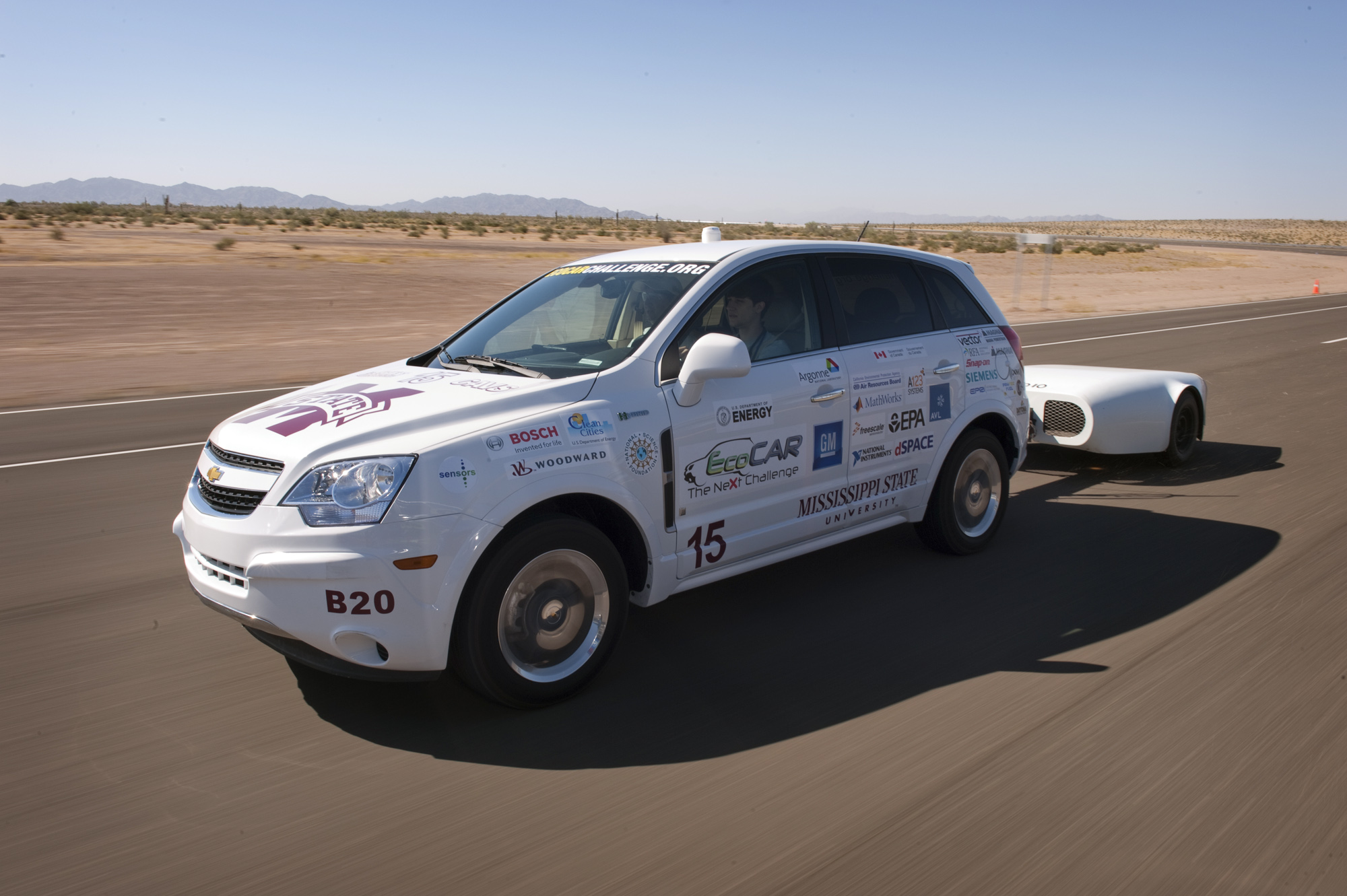 MSU's award-winning EcoCAR tows test equipment during the California competition. MSU's award-winning EcoCAR tows test equipment during the California competition.