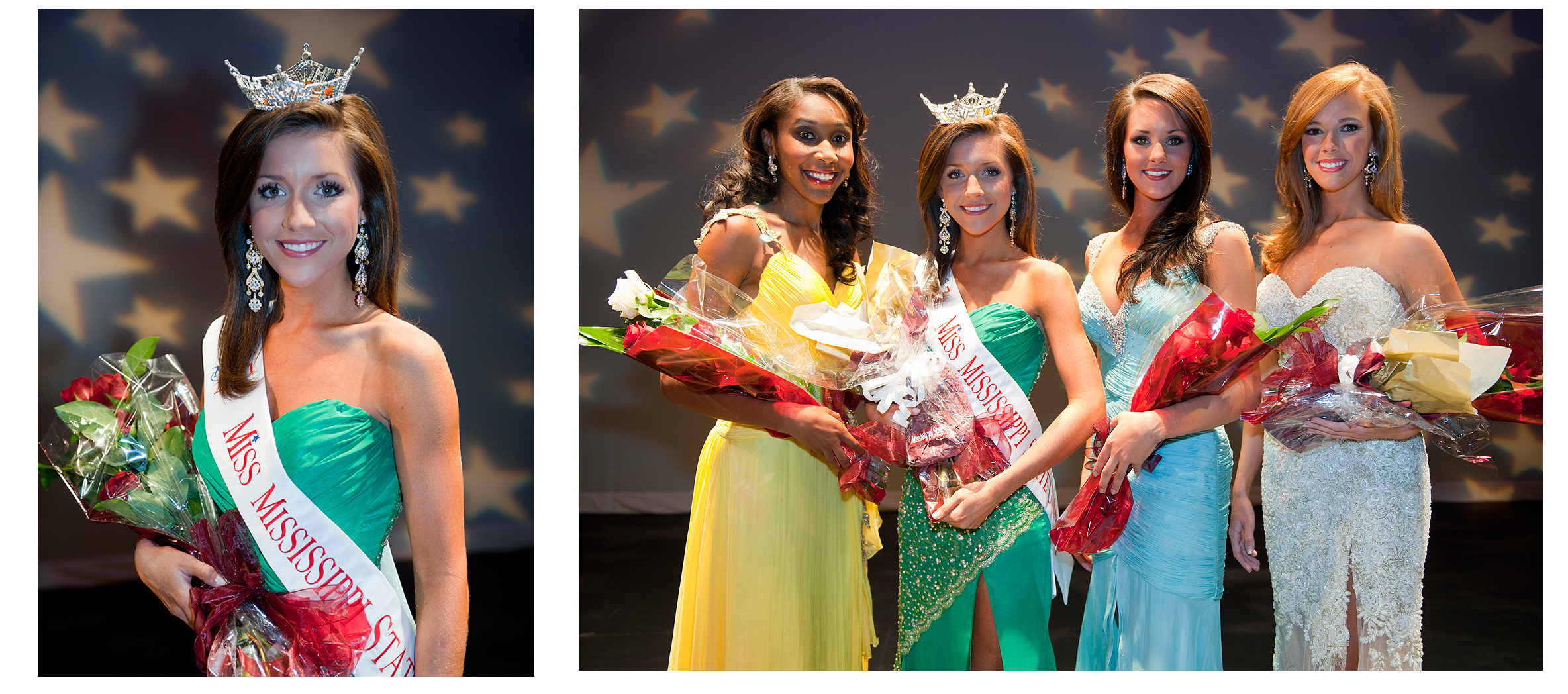 (Left) Jessica Terrill, Miss Mississippi State University, (Group) Winners in the Miss Mississippi State University Pageant Friday [Nov. 5] were, from left, Robyn Ford of Brandon, second alternate; Jessica Terrill of Starkville, Miss Mississippi State University; Mary Margaret Roark of Cleveland, first alternate; and Shelby Corn of Brandon, third alternate.