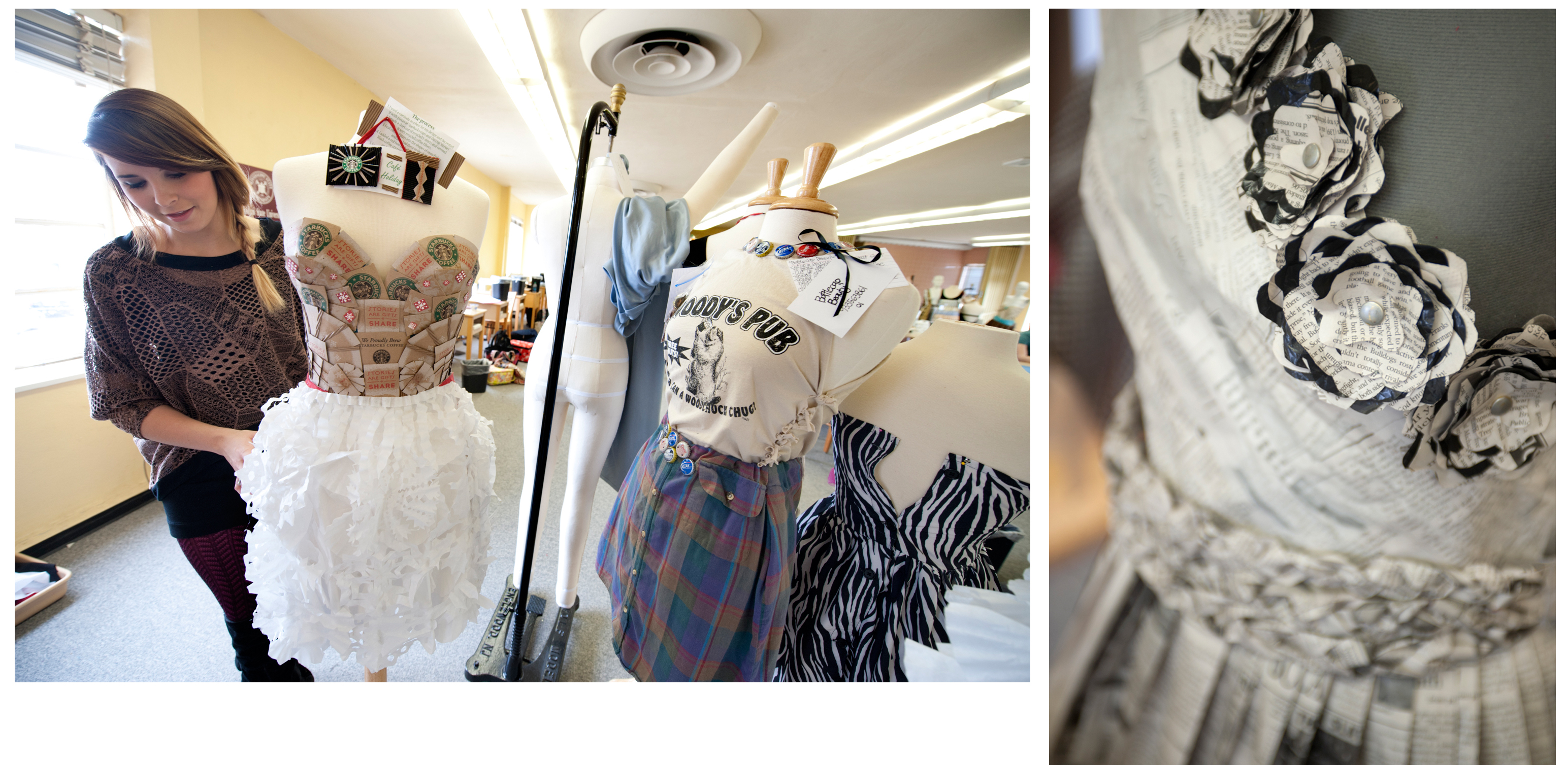 (Left) MSU student Maegan Bedells with her award-winning dress. (Right) Another dress in the MSU class project features floral trim made with newspapers. (Left) MSU student Maegan Bedells with her award-winning dress. (Right) Another dress in the MSU class project features floral trim made with newspapers.