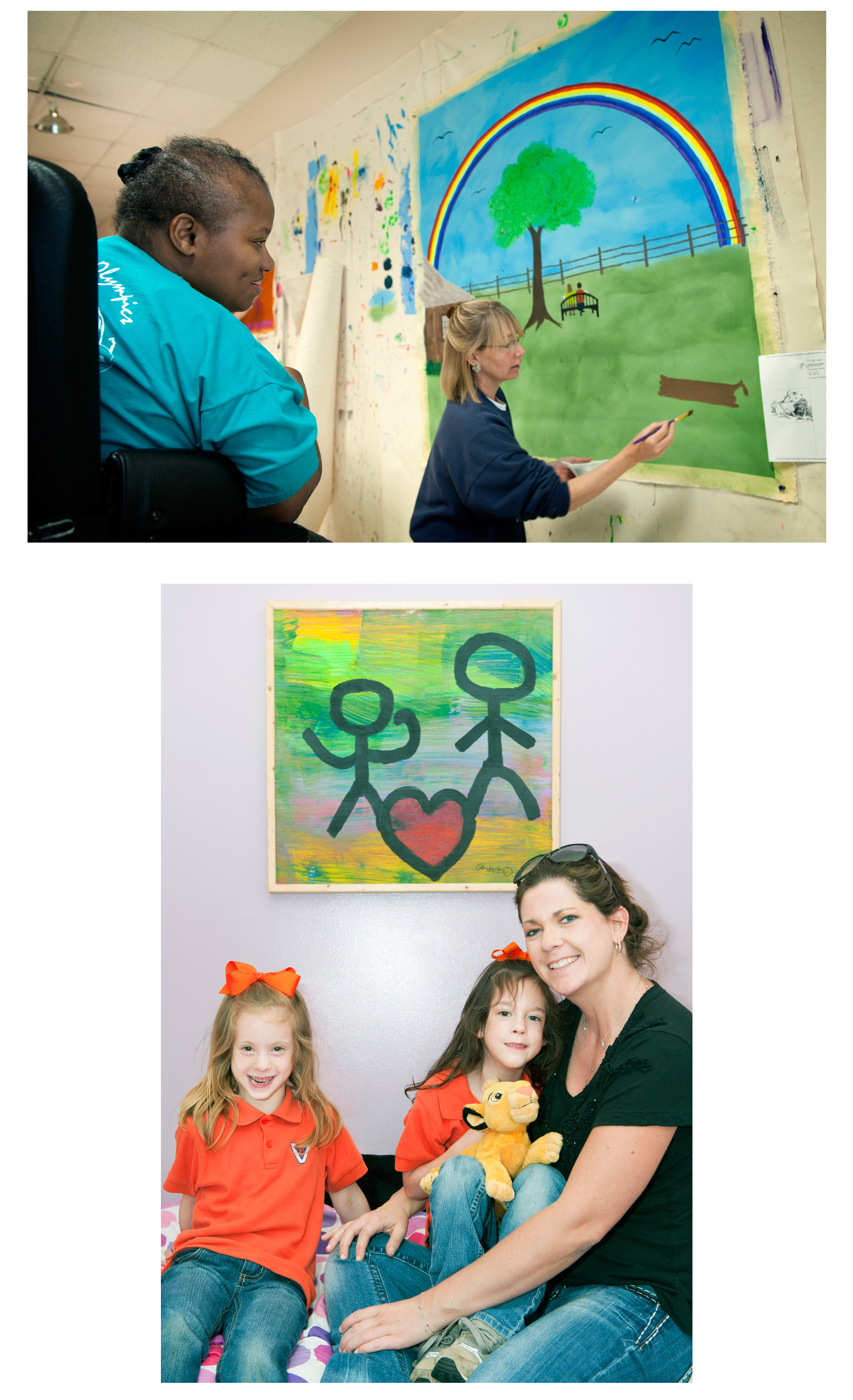 Top, MSU Express Yourself artist Shannon Herod communicates with tracker Barbara Boydstun about her painting. Bottom, Janey Linley, with daughters Megan, left, and Paige and a favorite Express Yourself painting. Top, MSU Express Yourself artist Shannon Herod communicates with tracker Barbara Boydstun about her painting. Bottom, Janey Linley, with daughters Megan, left, and Paige and a favorite Express Yourself painting.