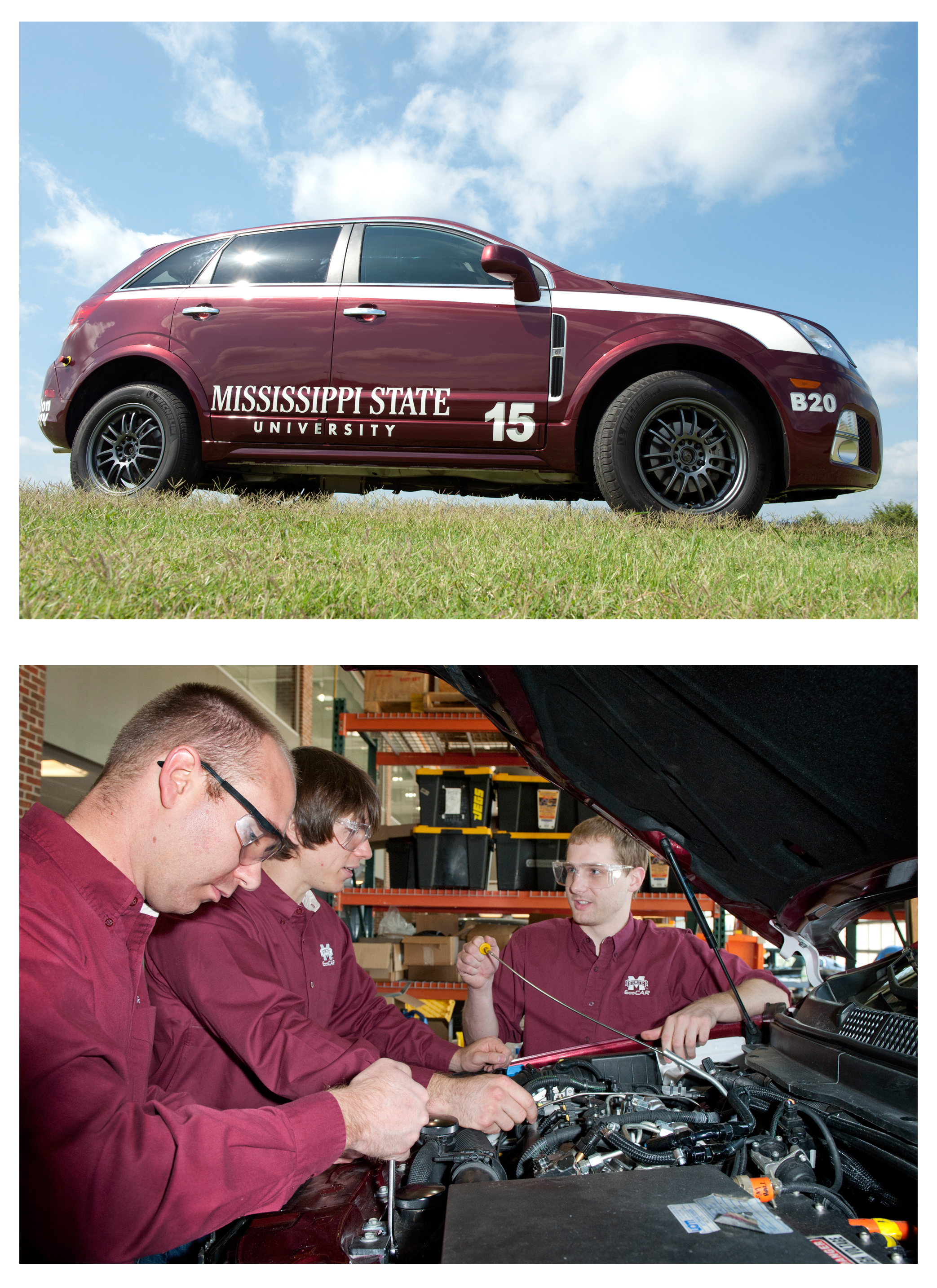 Top, MSU's EcoCar; and leaders of MSU's EcoCar team include, left to right, Matthew Doude, team leader; Jonathan Moore, electrical group; and Josh Hoop, battery integration. Top, MSU's EcoCar; and leaders of MSU's EcoCar team include, left to right, Matthew Doude, team leader; Jonathan Moore, electrical group; and Josh Hoop, battery integration.