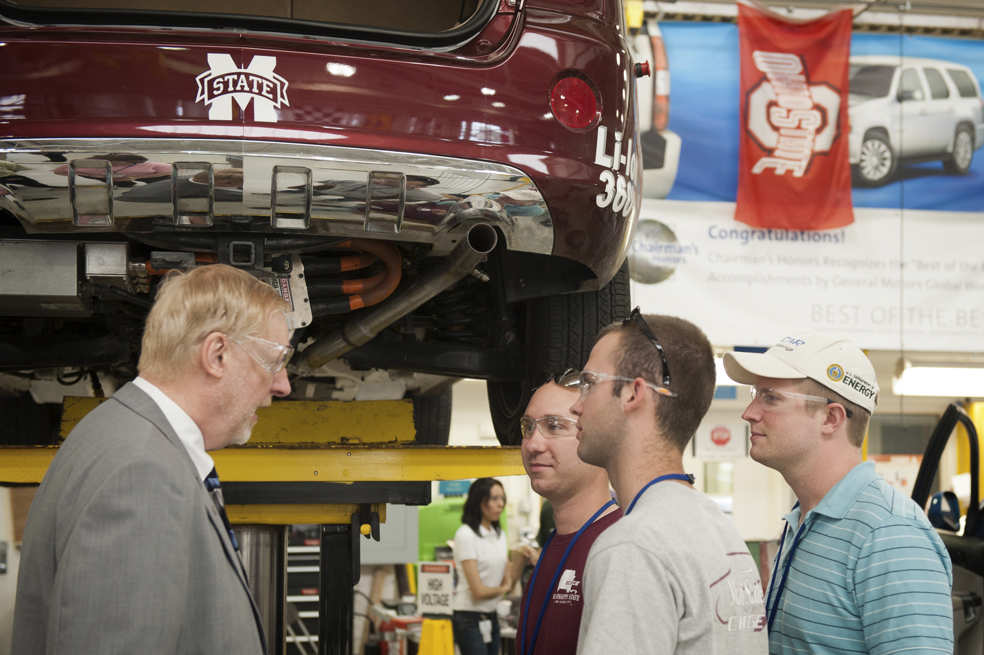 During the 2011 EcoCar competition, General Motors vice chairman and global chief technology officer Thomas Stephens, left, visits with members of MSU's EcoCar team, including, left to right, Matthew Doude of McCool, Julian McMillan of Brookhaven, and Brian Benoy of Dallas, Texas. During the 2011 EcoCar competition, General Motors vice chairman and global chief technology officer Thomas Stephens, left, visits with members of MSU's EcoCar team, including, left to right, Matthew Doude of McCool, Julian McMillan of Brookhaven, and Brian Benoy of Dallas, Texas.