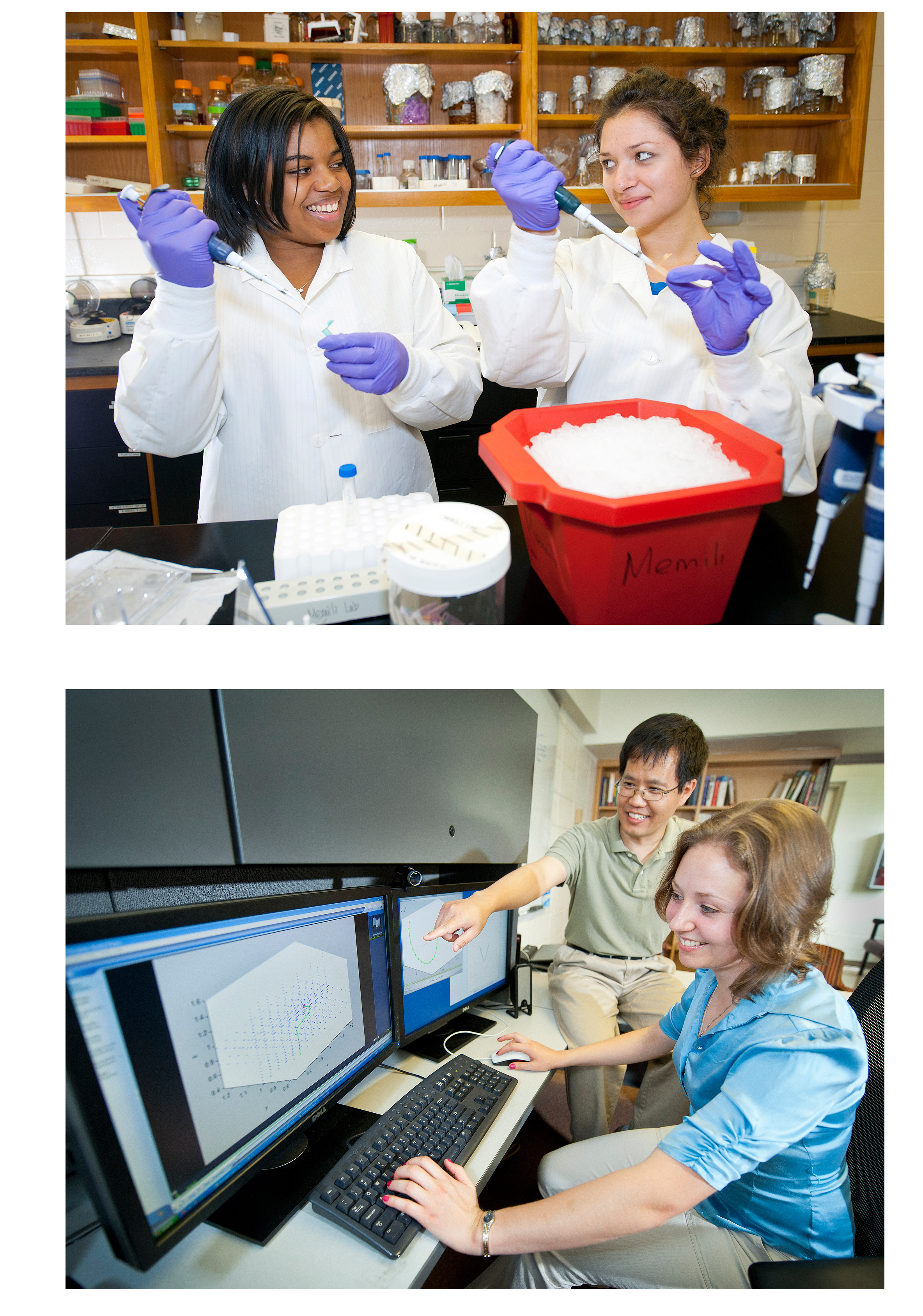 (Top photo) MSU senior Lauren Belser of Huntsville, Ala., left, and junior Elizabeth Crate, a New College of Florida biology major, are participants in National Science Foundation-supported undergraduate research programs. Both work in the laboratory of animal functional genomics at MSU's animal and dairy sciences department.</p><br />
<p>(Bottom photo) MSU assistant professor Xingzhou Yang provides guidance for a mathematical visualization program used by Olga Stulov of the State University of New York at New Paltz. They are part of MSU's National Science Foundation-funded Research Experiences for Undergraduates. (Top photo) MSU senior Lauren Belser of Huntsville, Ala., left, and junior Elizabeth Crate, a New College of Florida biology major, are participants in National Science Foundation-supported undergraduate research programs. Both work in the laboratory of animal functional genomics at MSU's animal and dairy sciences department.</p><br />
<p>(Bottom photo) MSU assistant professor Xingzhou Yang provides guidance for a mathematical visualization program used by Olga Stulov of the State University of New York at New Paltz. They are part of MSU's National Science Foundation-funded Research Experiences for Undergraduates.