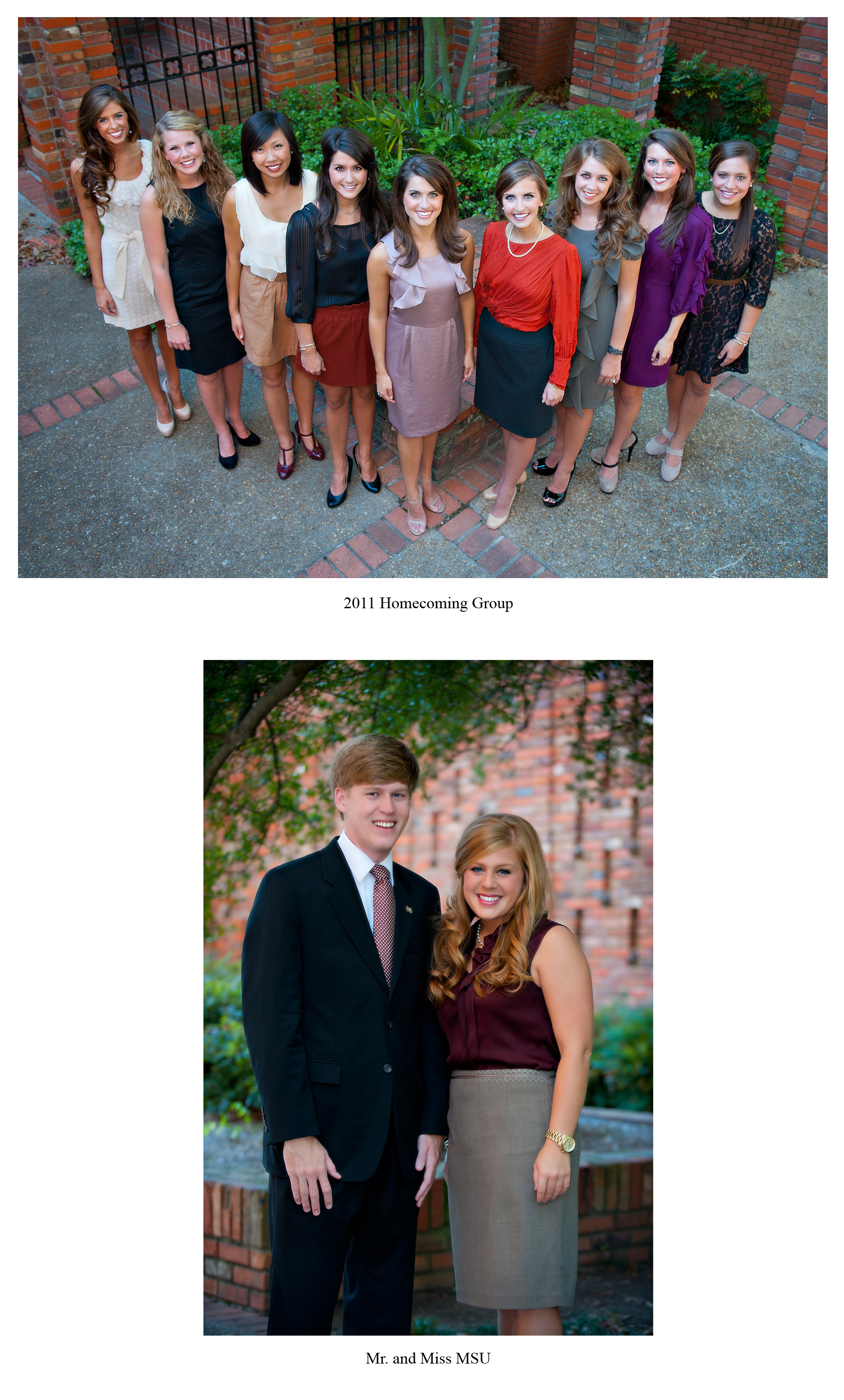 Top photo: The 2011 MSU Homecoming Court includes, from left, McKenzie Jones, freshman maid; Maribeth Russell, sophomore maid; Daltria Li, junior maid; Anne Eastland Vickery, senior maid; Fenley Akers, queen; Emily Hayes, senior maid; Katie Beth Walton, junior maid; Lindi Morgan, sophomore maid; and Mari Micci Bramuchi, freshman maid.</p><br />
<p>Bottom photo: The university's 2011 Mr. and Miss MSU are Rhett Hobart and Laura Touchstone. Top photo: The 2011 MSU Homecoming Court includes, from left, McKenzie Jones, freshman maid; Maribeth Russell, sophomore maid; Daltria Li, junior maid; Anne Eastland Vickery, senior maid; Fenley Akers, queen; Emily Hayes, senior maid; Katie Beth Walton, junior maid; Lindi Morgan, sophomore maid; and Mari Micci Bramuchi, freshman maid.</p><br />
<p>Bottom photo: The university's 2011 Mr. and Miss MSU are Rhett Hobart and Laura Touchstone.