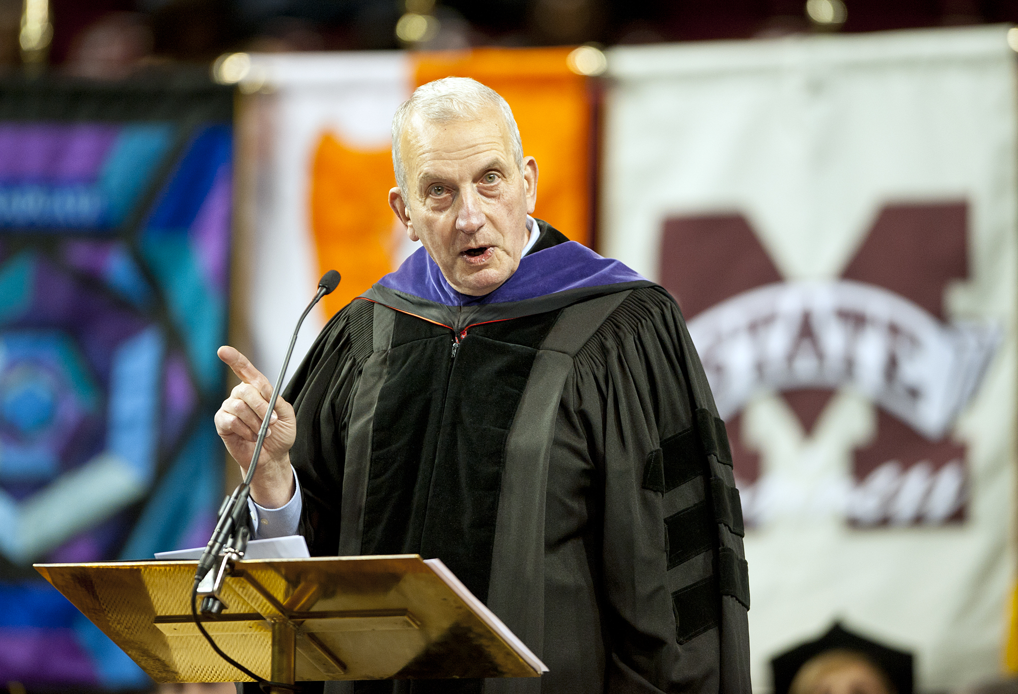 Frank J. Williams, former chief justice of the Rhode Island Supreme Court, addresses MSU graduates during commencement ceremonies at Humphrey Coliseum. Frank J. Williams, former chief justice of the Rhode Island Supreme Court, addresses MSU graduates during commencement ceremonies at Humphrey Coliseum.
