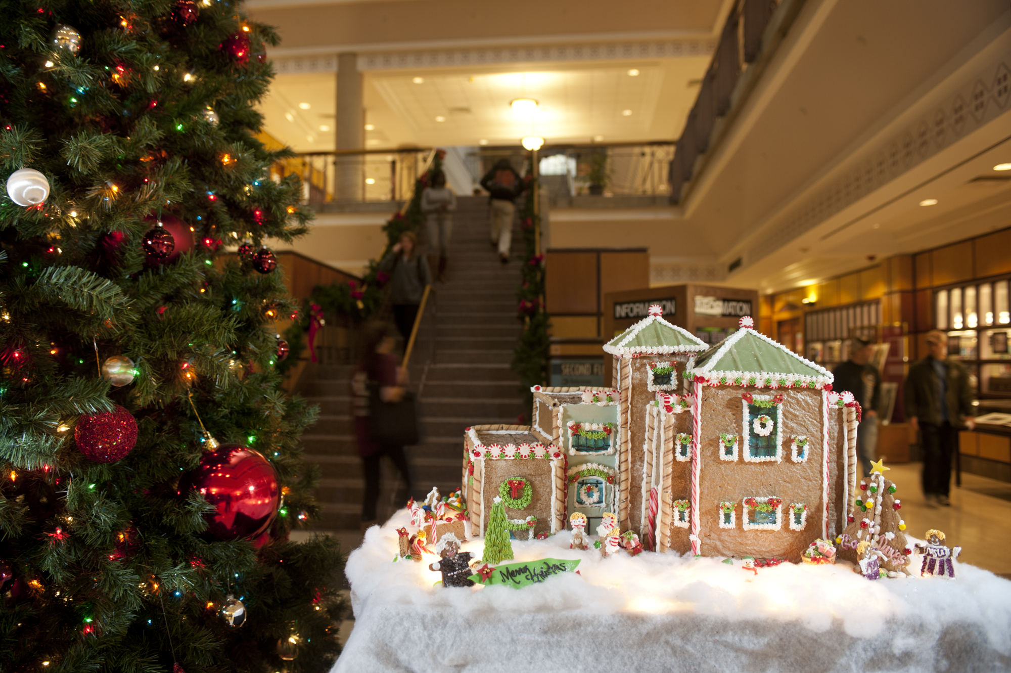 A gingerbread replica of Mitchell Memorial Library graced the entryway as MSU students prepared for final exams prior to the semester's end. A gingerbread replica of Mitchell Memorial Library graced the entryway as MSU students prepared for final exams prior to the semester's end.