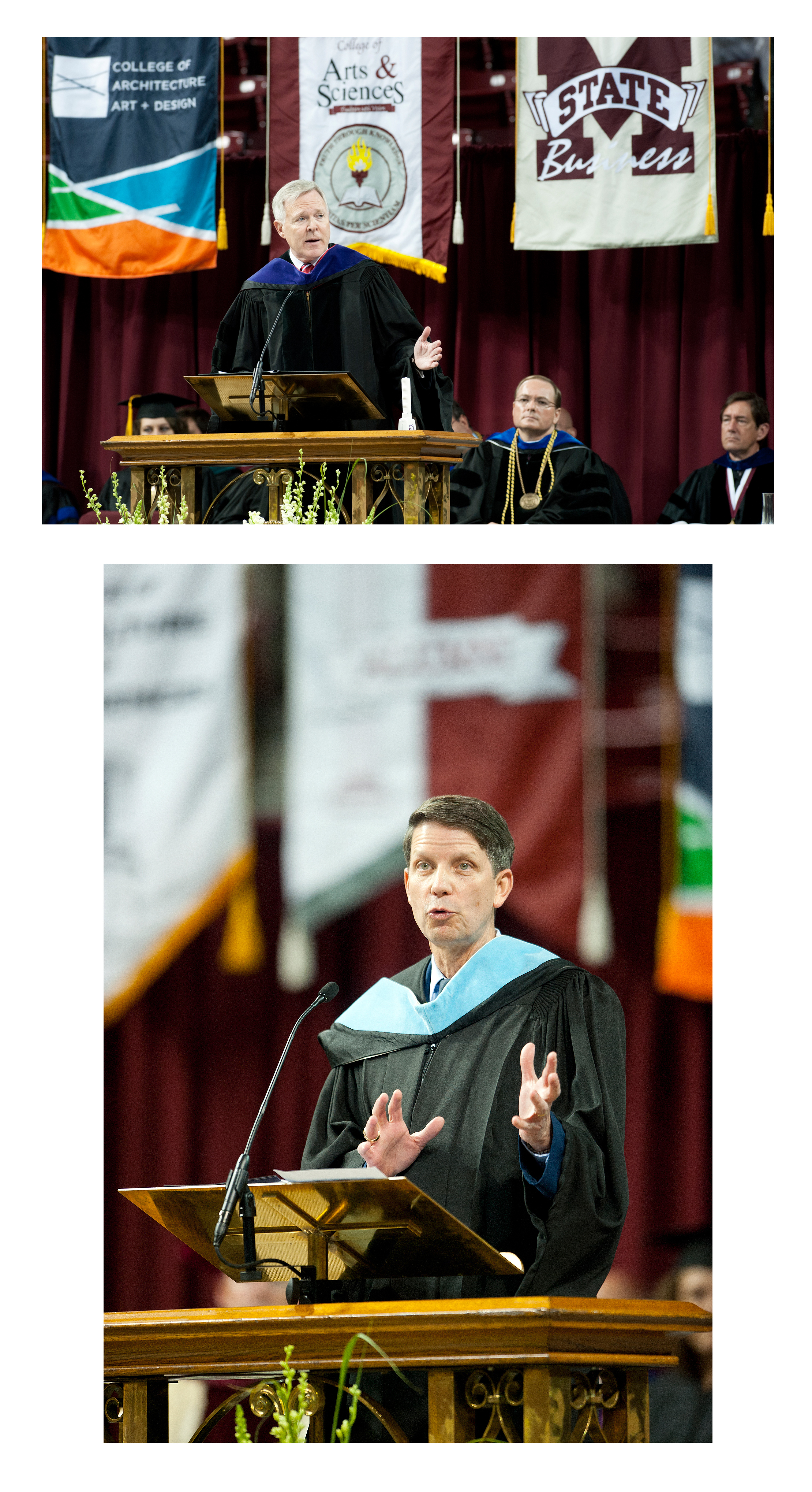 Top: U.S. Secretary of the Navy Ray Mabus addresses graduates during the May 12 commencement program. Below, Lt. Gen. Darrell D. Jones speaks during the May 11 ceremony. Top: U.S. Secretary of the Navy Ray Mabus addresses graduates during the May 12 commencement program. Below, Lt. Gen. Darrell D. Jones speaks during the May 11 ceremony.