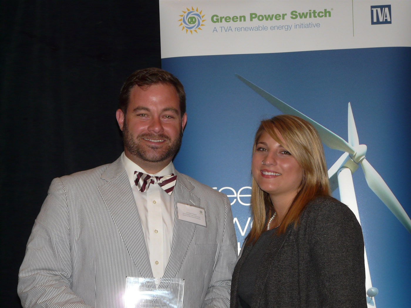 MSU assistant research professor Jeremiah Dumas recently received TVA's "Campus Sustainability Pioneer" honor during the company's awards program in Memphis, Tenn. Also attending the program was Liz Kazal of Ocean Springs, president of the university's Students for a Sustainable Campus. MSU assistant research professor Jeremiah Dumas recently received TVA's "Campus Sustainability Pioneer" honor during the company's awards program in Memphis, Tenn. Also attending the program was Liz Kazal of Ocean Springs, president of the university's Students for a Sustainable Campus.