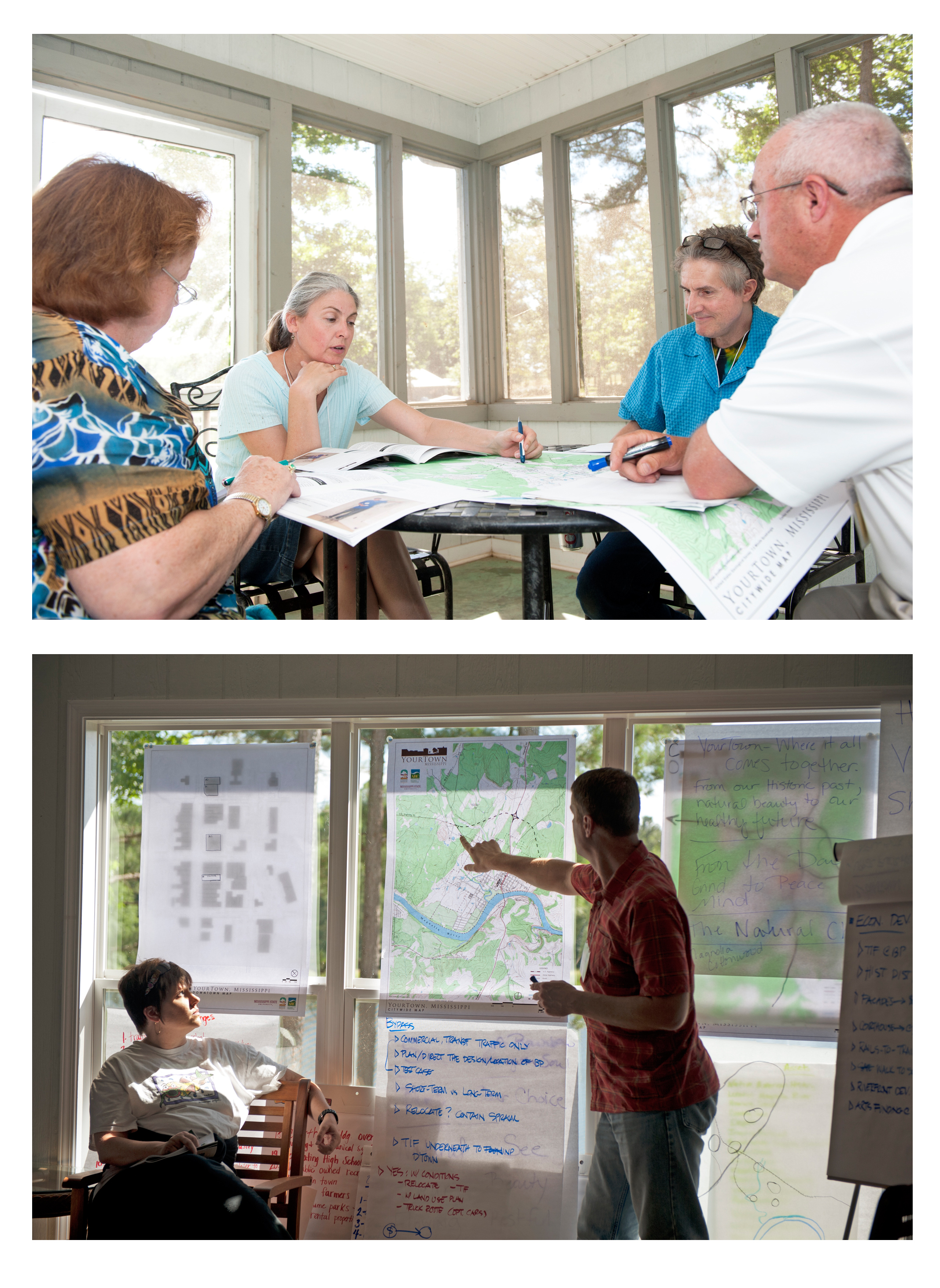TOP PHOTO: Vicki Rigby (from left) of Plantersville, Karen Ott-Mayer of Como, Gary Phillips of Iuka, and Bill Lyle of Amory put their heads together for community development problem solving as they consider issues impacting the fictitious YourTown, Mississippi during a group exercise. </p><br />
<p>BOTTOM PHOTO: Allison Winstead of the Mississippi Arts Commission and Randy Wilson of Community Design Solutions facilitate an exercise during the YourTown, Mississippi Workshop at Lake Tiak O'Khata. The interactive sessions focused on community development using basic design and planning principles.<br /><br />
TOP PHOTO: Vicki Rigby (from left) of Plantersville, Karen Ott-Mayer of Como, Gary Phillips of Iuka, and Bill Lyle of Amory put their heads together for community development problem solving as they consider issues impacting the fictitious YourTown, Mississippi during a group exercise. </p><br />
<p>BOTTOM PHOTO: Allison Winstead of the Mississippi Arts Commission and Randy Wilson of Community Design Solutions facilitate an exercise during the YourTown, Mississippi Workshop at Lake Tiak O'Khata. The interactive sessions focused on community development using basic design and planning principles.<br /><br />