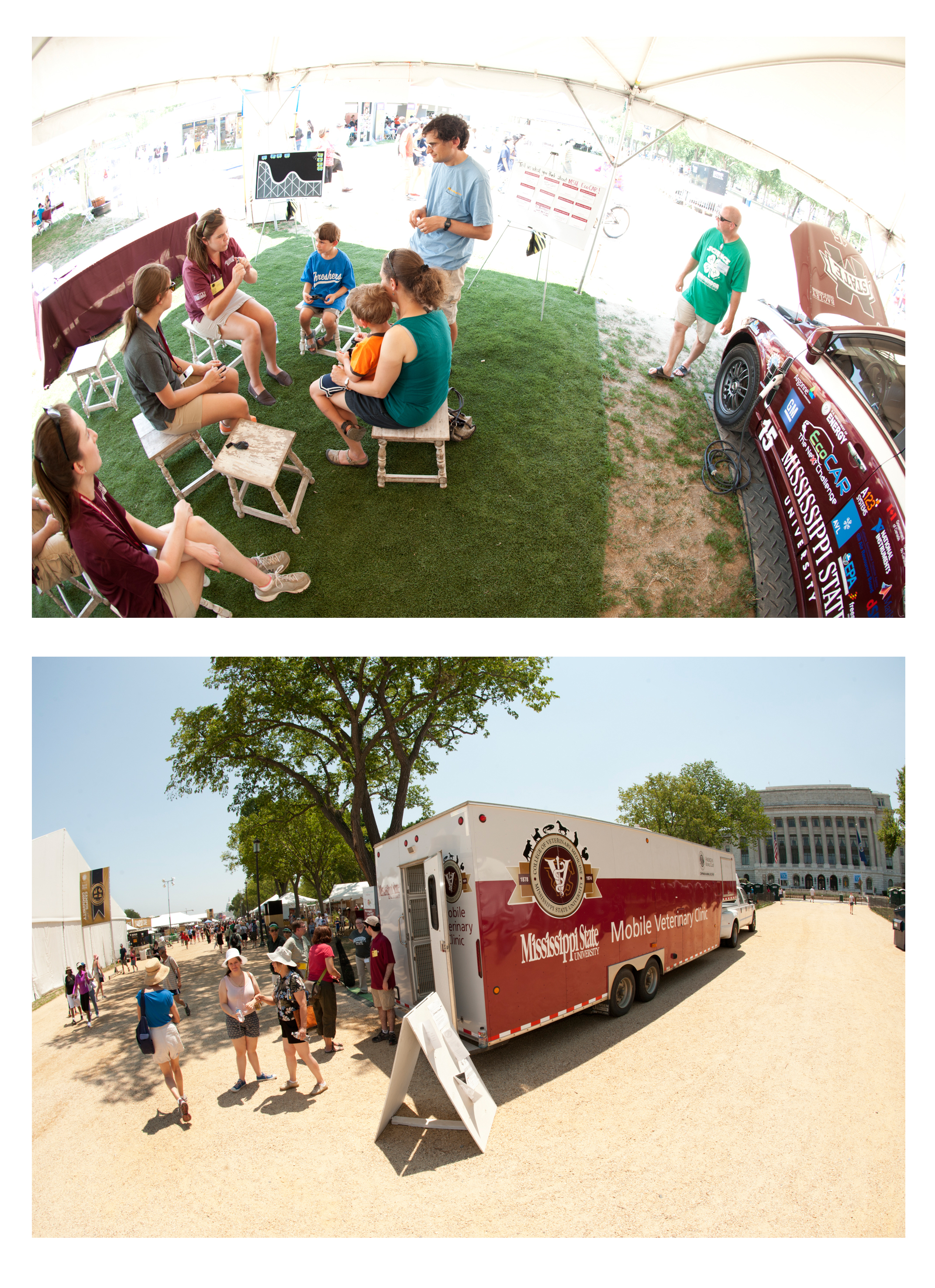 Top Photo: MSU EcoCAR2 team members visited with the Elkin family of Arlington, Mass., at the Smithsonian Folklife Festival. Sons Elliot, 6, and Daniel, 4, got a simple lesson in energy. Carl and Sheryl Elkin learned how the team is developing an energy-efficient automobile that also delivers high performance. </p><br />
<p>Bottom Photo: Parked near the U.S. Department of Agriculture building named for former Mississippi congressman Jamie Whitten, Mississippi State's Mobile Veterinary Clinic enjoyed a prominent position on the National Mall. Top Photo: MSU EcoCAR2 team members visited with the Elkin family of Arlington, Mass., at the Smithsonian Folklife Festival. Sons Elliot, 6, and Daniel, 4, got a simple lesson in energy. Carl and Sheryl Elkin learned how the team is developing an energy-efficient automobile that also delivers high performance. </p><br />
<p>Bottom Photo: Parked near the U.S. Department of Agriculture building named for former Mississippi congressman Jamie Whitten, Mississippi State's Mobile Veterinary Clinic enjoyed a prominent position on the National Mall.