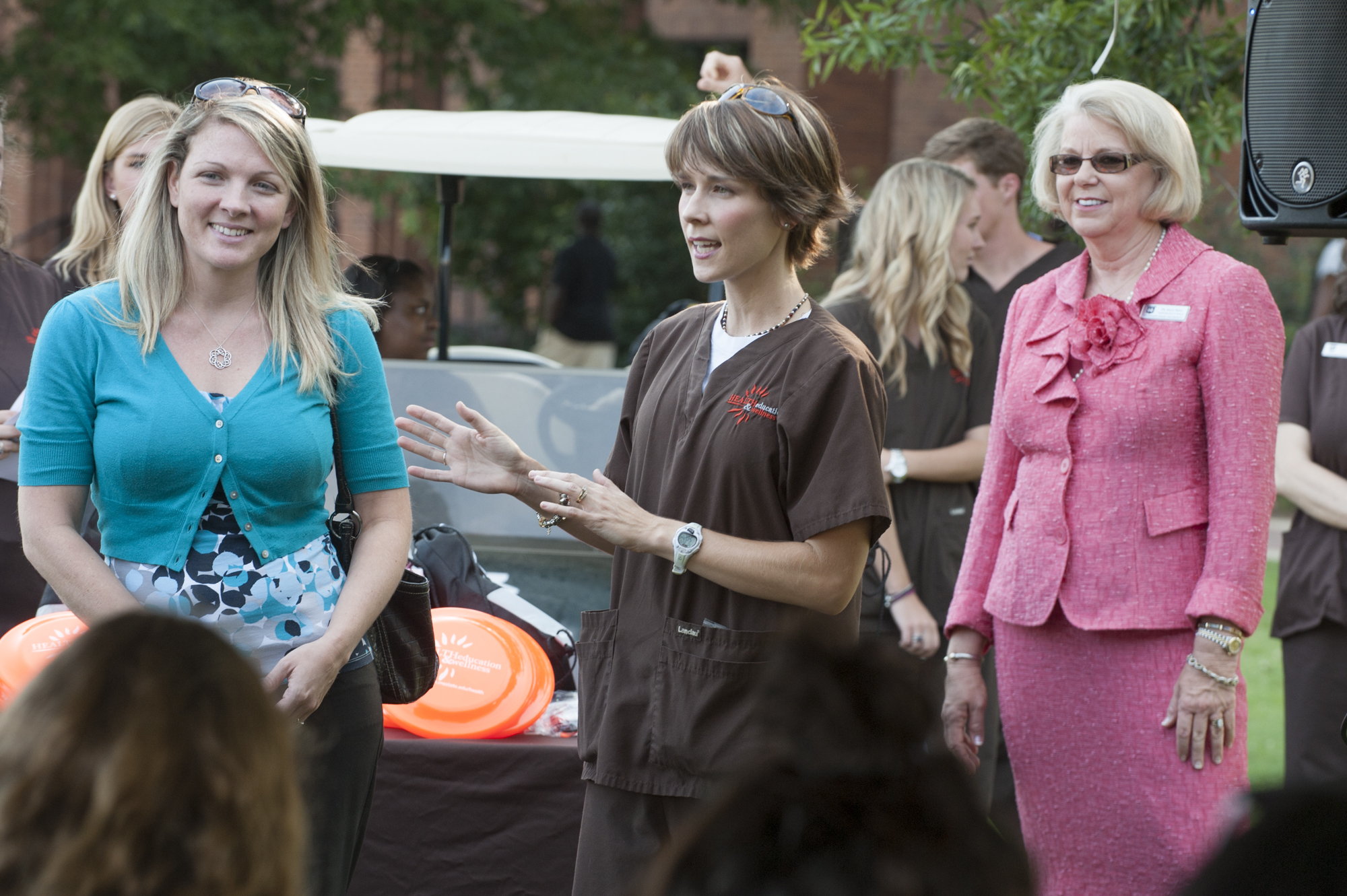 Dietitian Mandy Conrad, center, was part of the "MSU on the Move" celebration Monday on campus. She is praising efforts by Kelly Atwood, left, to increase healthy activities among her MSU Career Center colleagues. Joining them is Joyce Yates, director of the campus health education and wellness department. Dietitian Mandy Conrad, center, was part of the "MSU on the Move" celebration Monday on campus. She is praising efforts by Kelly Atwood, left, to increase healthy activities among her MSU Career Center colleagues. Joining them is Joyce Yates, director of the campus health education and wellness department.