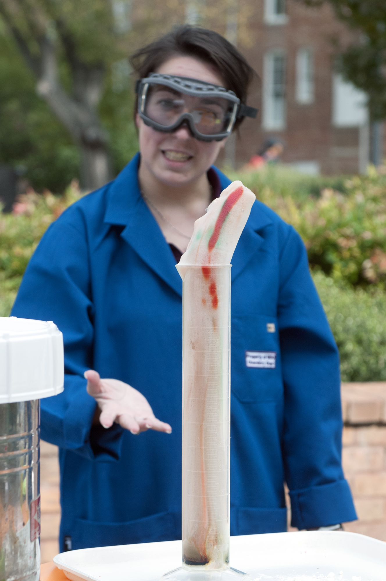 Mississippi State University's Student Affiliates of the American Chemical Society member Taylor Clark, of Kerrville, Texas, explains how she created elephant toothpaste from active yeast, hydrogen peroxide and food coloring at a recent on-campus chemical demonstration. Mississippi State University's Student Affiliates of the American Chemical Society member Taylor Clark, of Kerrville, Texas, explains how she created elephant toothpaste from active yeast, hydrogen peroxide and food coloring at a recent on-campus chemical demonstration.