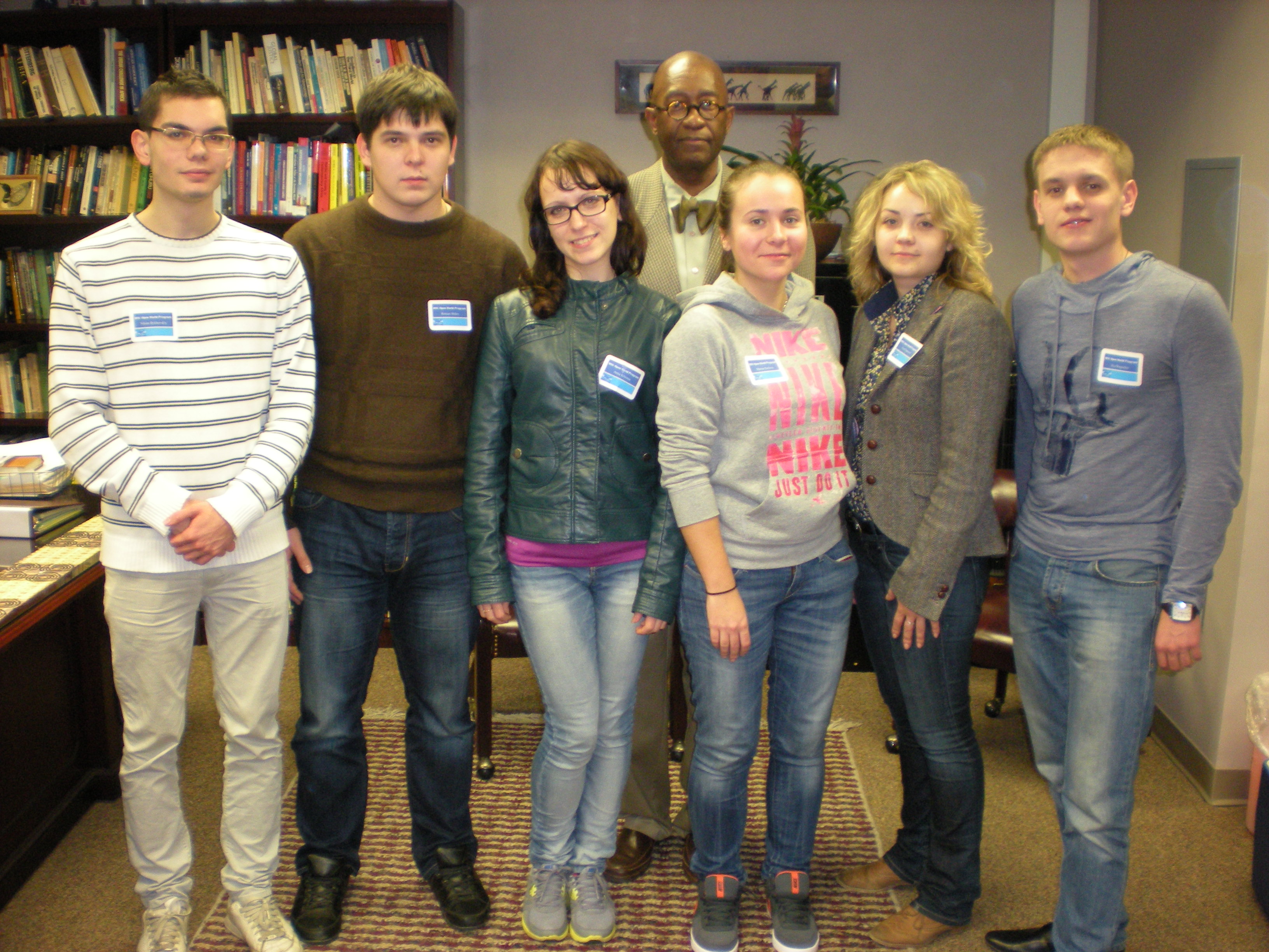 A group of young Russian leaders participating in the Open World program are spending Dec 7 through Dec. 15 at Mississippi State University examining governance in local and state governments. The MSU Department of Political Science and Public Administration, and the International Institute at MSU are hosting the delegation. Managed by the Open World Leadership Center, a support agency of Congress, the Open World program is designed to enhance understanding and capabilities for cooperation between the U.S. and the countries of Eurasia. The students are living with five Starkville families during their stay. The Russian guests include: Ilya Rogozhin, Roman Shilov, Anna Klimina, Marina Savlova, Vera Paponova, and Nikita Bykhoski. Shown with the visitors is K.C. Morrison, head of the MSU Department of Political Science and Public Administration. A group of young Russian leaders participating in the Open World program are spending Dec 7 through Dec. 15 at Mississippi State University examining governance in local and state governments. The MSU Department of Political Science and Public Administration, and the International Institute at MSU are hosting the delegation. Managed by the Open World Leadership Center, a support agency of Congress, the Open World program is designed to enhance understanding and capabilities for cooperation between the U.S. and the countries of Eurasia. The students are living with five Starkville families during their stay. The Russian guests include: Ilya Rogozhin, Roman Shilov, Anna Klimina, Marina Savlova, Vera Paponova, and Nikita Bykhoski. Shown with the visitors is K.C. Morrison, head of the MSU Department of Political Science and Public Administration.