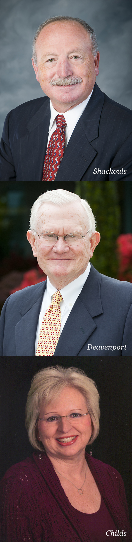 The MSU Foundation's incoming officers are, from top, Bobby S. Shackouls, president; Earnest W. "Earnie" Deavenport, vice president; and Mary M. Childs, treasurer.<br /><br />
The MSU Foundation's incoming officers are, from top, Bobby S. Shackouls, president; Earnest W. "Earnie" Deavenport, vice president; and Mary M. Childs, treasurer.<br /><br />
