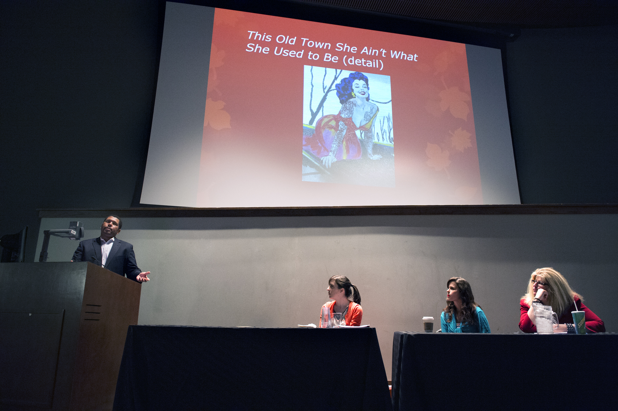 Mississippi State assistant professor Donald M. Shaffer Jr. poses a question during a panel presentation at the university's recent African-American Studies-sponsored Whiteness Symposium. Panelists include, from left, scholars Carly Houston and Anne Babson, and acrylics painter Samantha Baldwin. Mississippi State assistant professor Donald M. Shaffer Jr. poses a question during a panel presentation at the university's recent African-American Studies-sponsored Whiteness Symposium. Panelists include, from left, scholars Carly Houston and Anne Babson, and acrylics painter Samantha Baldwin.