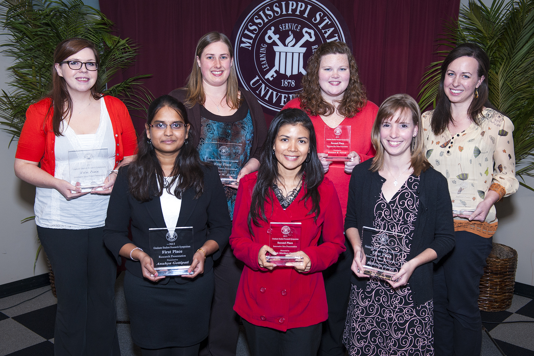 Winners of the 2013 MSU Graduate Student Research Symposium include, from left, Alexis Jones, Anuhya Gottipati, Lauren Jones, Edith Martinez-Guerra, Kristen R. Ferrell, Rebecca Heiser and Caroline Baker. Brandi N. Durr and Sarah Wimbish are not pictured. Winners of the 2013 MSU Graduate Student Research Symposium include, from left, Alexis Jones, Anuhya Gottipati, Lauren Jones, Edith Martinez-Guerra, Kristen R. Ferrell, Rebecca Heiser and Caroline Baker. Brandi N. Durr and Sarah Wimbish are not pictured.