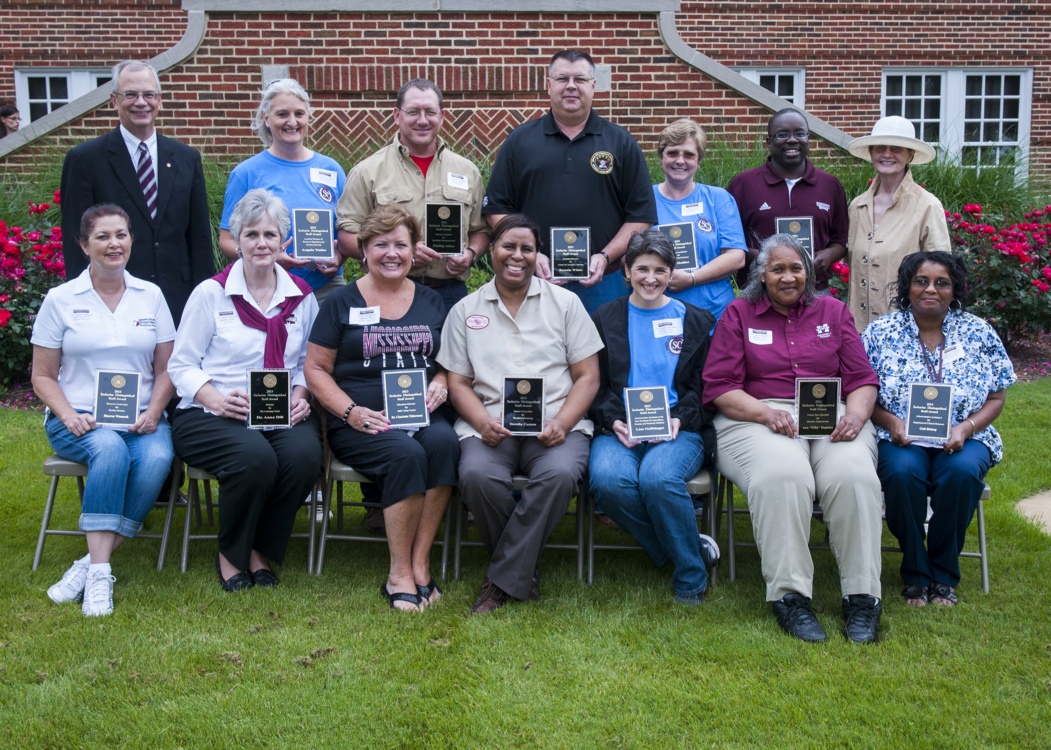 MSU Zacharias Distinguished Staff Award winners for 2013 include (front, l-r) Sharon K. Womack, Anna Dill, Charlotte Tabereaux, Dorothy Cannon, Lisa Noffsinger, Effie Anne Hopkins, Gail Bishop; presenter Jerry Gilbert, Angela Waller, Phillip Allen, Ronnie White, Gail Maddox, Dan Coleman, and presenter Tommie Zacharias. MSU Zacharias Distinguished Staff Award winners for 2013 include (front, l-r) Sharon K. Womack, Anna Dill, Charlotte Tabereaux, Dorothy Cannon, Lisa Noffsinger, Effie Anne Hopkins, Gail Bishop; presenter Jerry Gilbert, Angela Waller, Phillip Allen, Ronnie White, Gail Maddox, Dan Coleman, and presenter Tommie Zacharias.