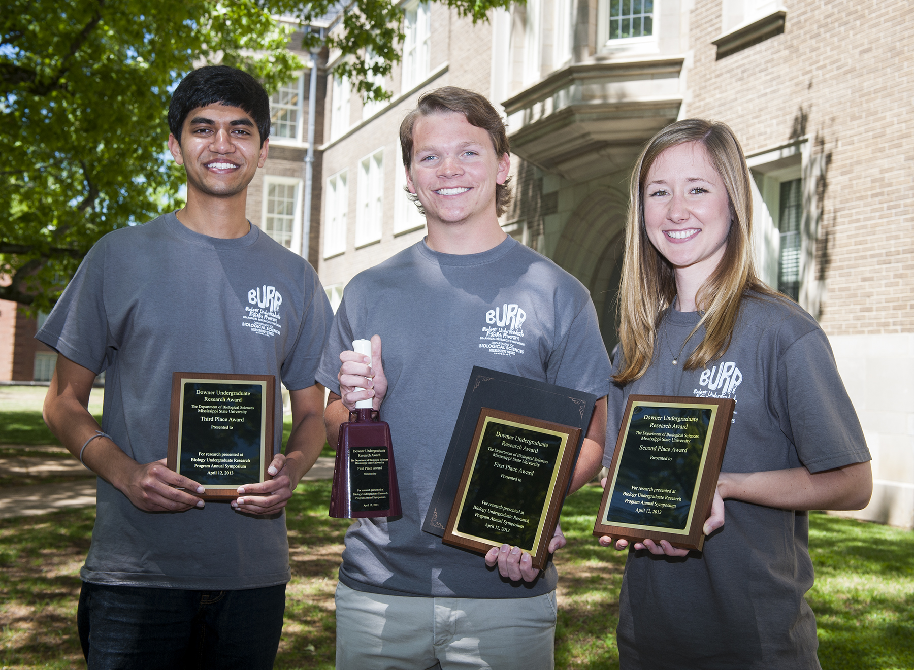 The top three presentations at Mississippi State University's 2013 Biology Undergraduate Research Program Symposium received Downer Undergraduate Research Awards. They include (l-r) Rushil Randive of Greenwood, third-place; Connor Denison of Collierville, Tenn., first place; and Kelly Callahan of Cordova, Tenn., second place. The top three presentations at Mississippi State University's 2013 Biology Undergraduate Research Program Symposium received Downer Undergraduate Research Awards. They include (l-r) Rushil Randive of Greenwood, third-place; Connor Denison of Collierville, Tenn., first place; and Kelly Callahan of Cordova, Tenn., second place.
