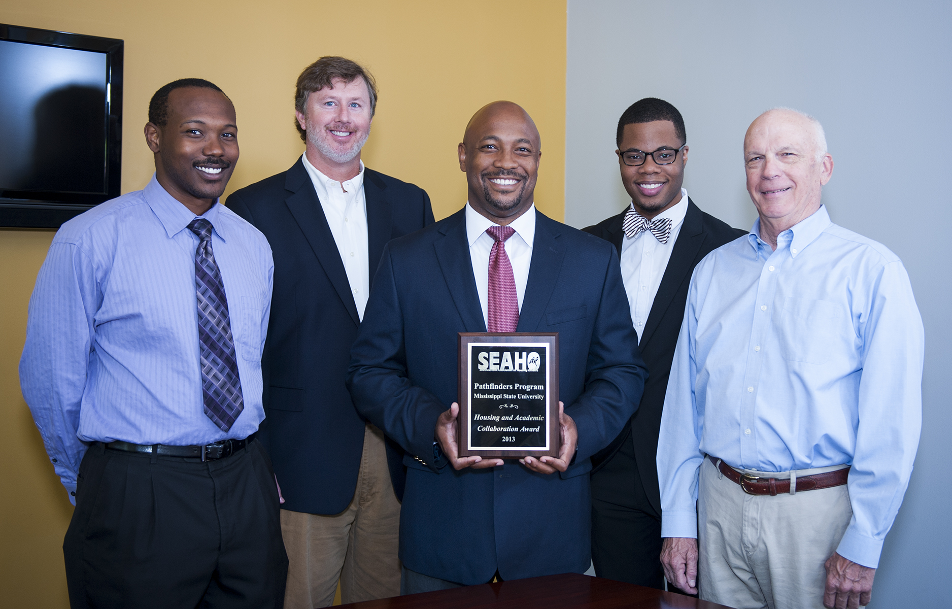 MSU's Pathfinders program selection for the 2013 Southeastern Association of Housing Officers Housing and Academic Collaboration Award was because of the effort of, among others, (l-r) Dante Hill, student housing area coordinator; Ty Abernathy, Pathfinders director; Calvin Mosley, student housing associate director; Timothy Fair, former Critz Hall residence director; and David McMillen, the program's director.