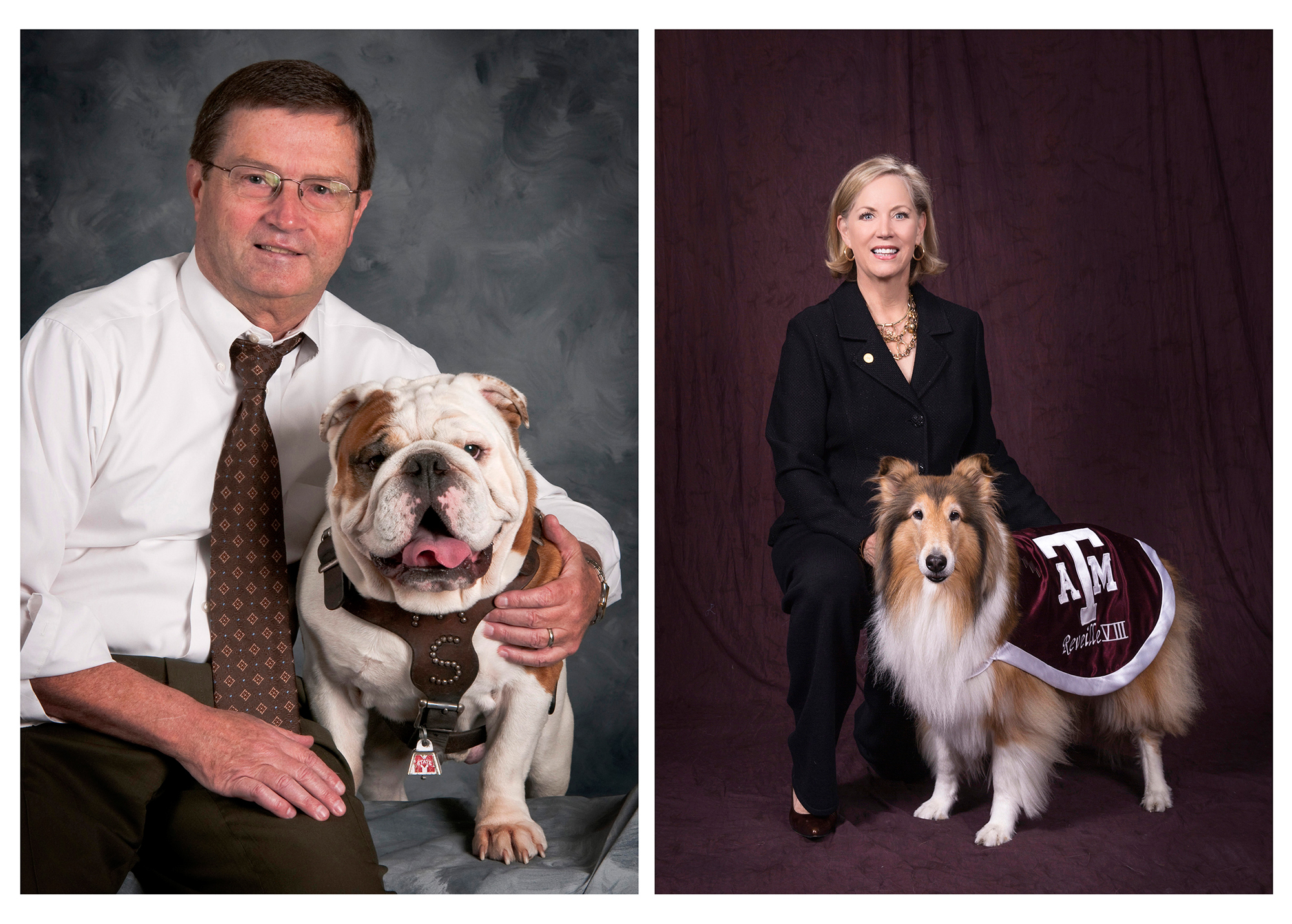 Dr. Kent Hoblet, Dean of the Mississippi State University College of Veterinary Medicine poses with Champ, also known as Bully XX.<br /><br />
Dr. Eleanor M. Green, Carl B. King Dean of Veterinary Medicine at Texas A&M University poses with Reveille, the mascot for the Texas A&M Aggies.<br /><br />
Dr. Kent Hoblet, Dean of the Mississippi State University College of Veterinary Medicine poses with Champ, also known as Bully XX.<br /><br />
Dr. Eleanor M. Green, Carl B. King Dean of Veterinary Medicine at Texas A&M University poses with Reveille, the mascot for the Texas A&M Aggies.<br /><br />