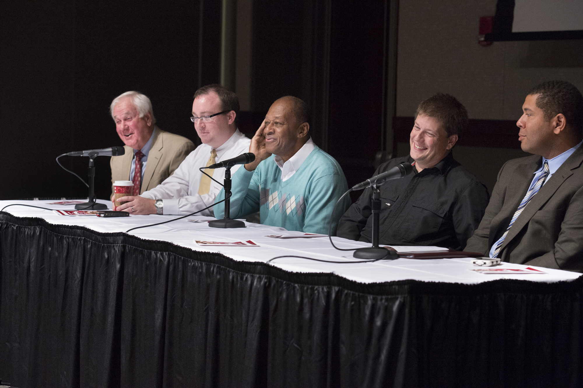 An MSU-sponsored Monday symposium titled "Game of Change: The Impact of Sports on Civil Rights" featured a discussion of long-term impacts resulting from the historic 1963 basketball game between players representing a then-segregated MSU and integrated Loyola University Chicago. Speakers included (from left) Bailey Howell, former MSU basketball player; Kyle Veazey, author of "Champions of Change"; Jerry Harkness, former Loyola basketball player; Robbie Coblentz, producer and director of the "One Night in March" documentary; and Donald Shaffer, MSU assistant professor of African-American studies.