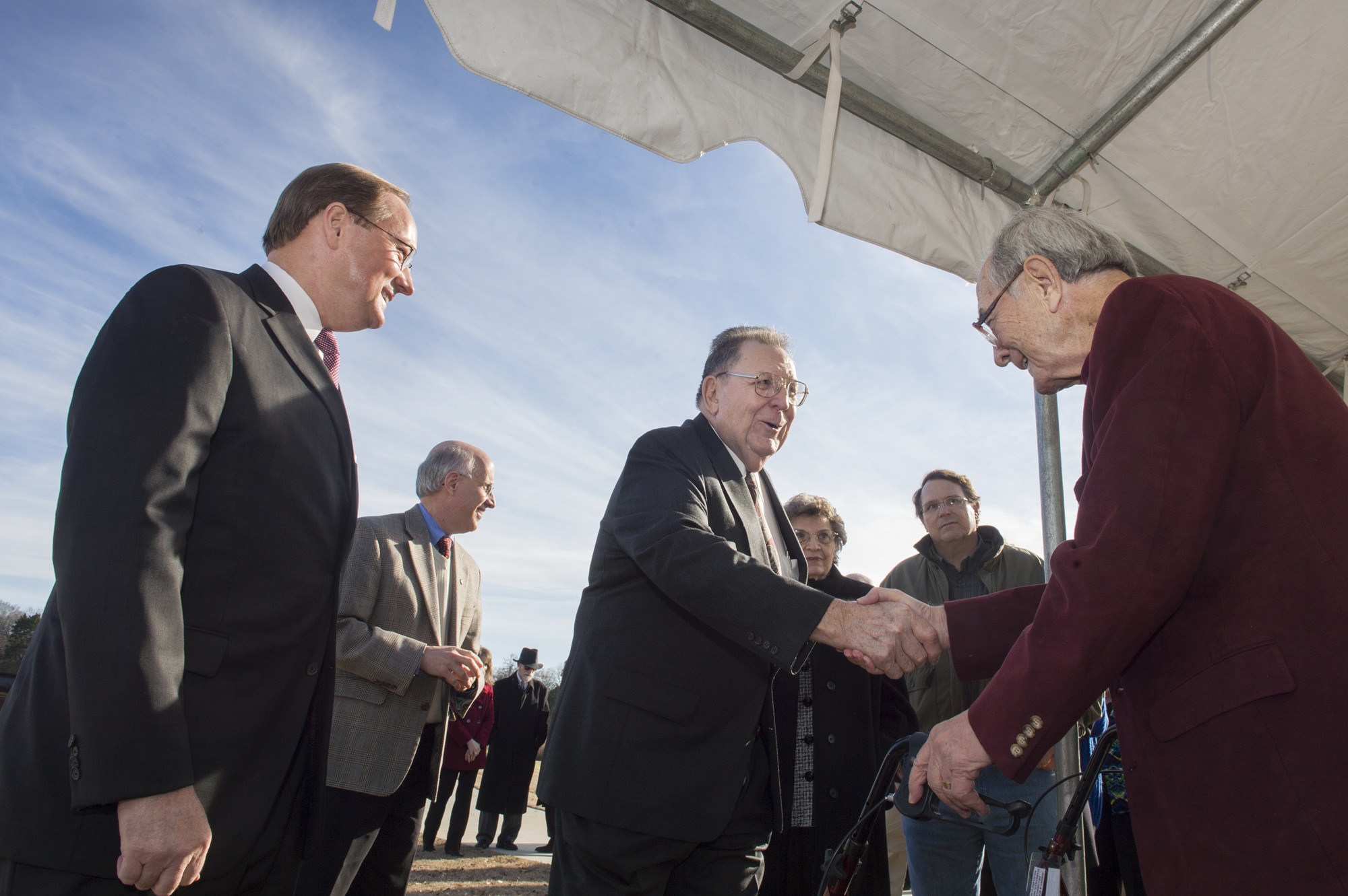 MSU President Mark E. Keenum looks on as Verner Hurt greets Rodney Foil Wednesday during a dedication ceremony held in their honor. MSU President Mark E. Keenum looks on as Verner Hurt greets Rodney Foil Wednesday during a dedication ceremony held in their honor.