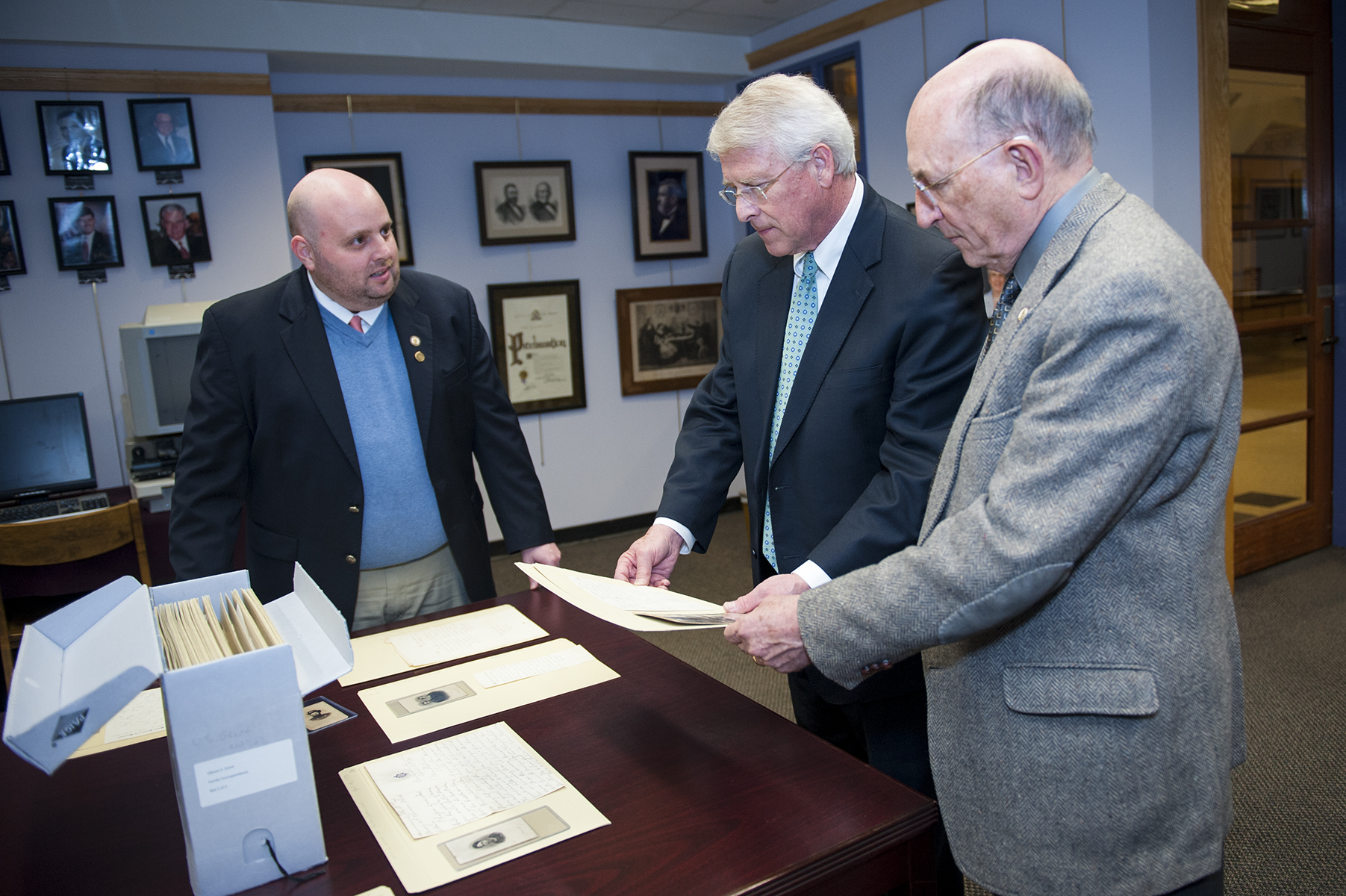 U.S. Sen. Roger Wicker, center, toured MSU's Ulysses S. Grant Presidential Library during a Wednesday campus visit. Ryan Semmes, left, Mitchell Memorial Library assistant professor, and John Marszalek, executive director and managing editor for the Grant Library and the Ulysses S. Grant Association, served as his guides through the collection.