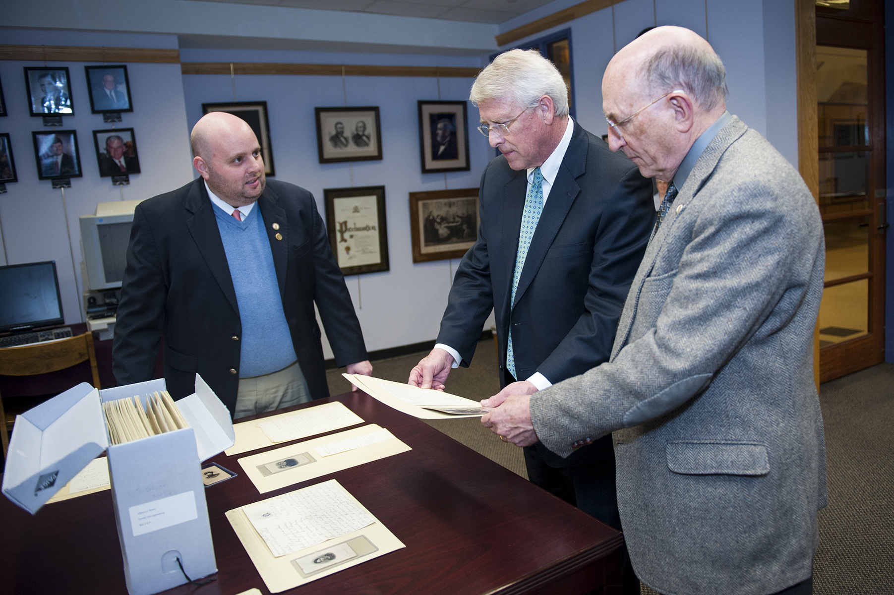 U.S. Sen. Roger Wicker, center, toured MSU's Ulysses S. Grant Presidential Library during a Wednesday campus visit. Ryan Semmes, left, Mitchell Memorial Library assistant professor, and John Marszalek, executive director and managing editor for the Grant Library and the Ulysses S. Grant Association, served as his guides through the collection. U.S. Sen. Roger Wicker, center, toured MSU's Ulysses S. Grant Presidential Library during a Wednesday campus visit. Ryan Semmes, left, Mitchell Memorial Library assistant professor, and John Marszalek, executive director and managing editor for the Grant Library and the Ulysses S. Grant Association, served as his guides through the collection.
