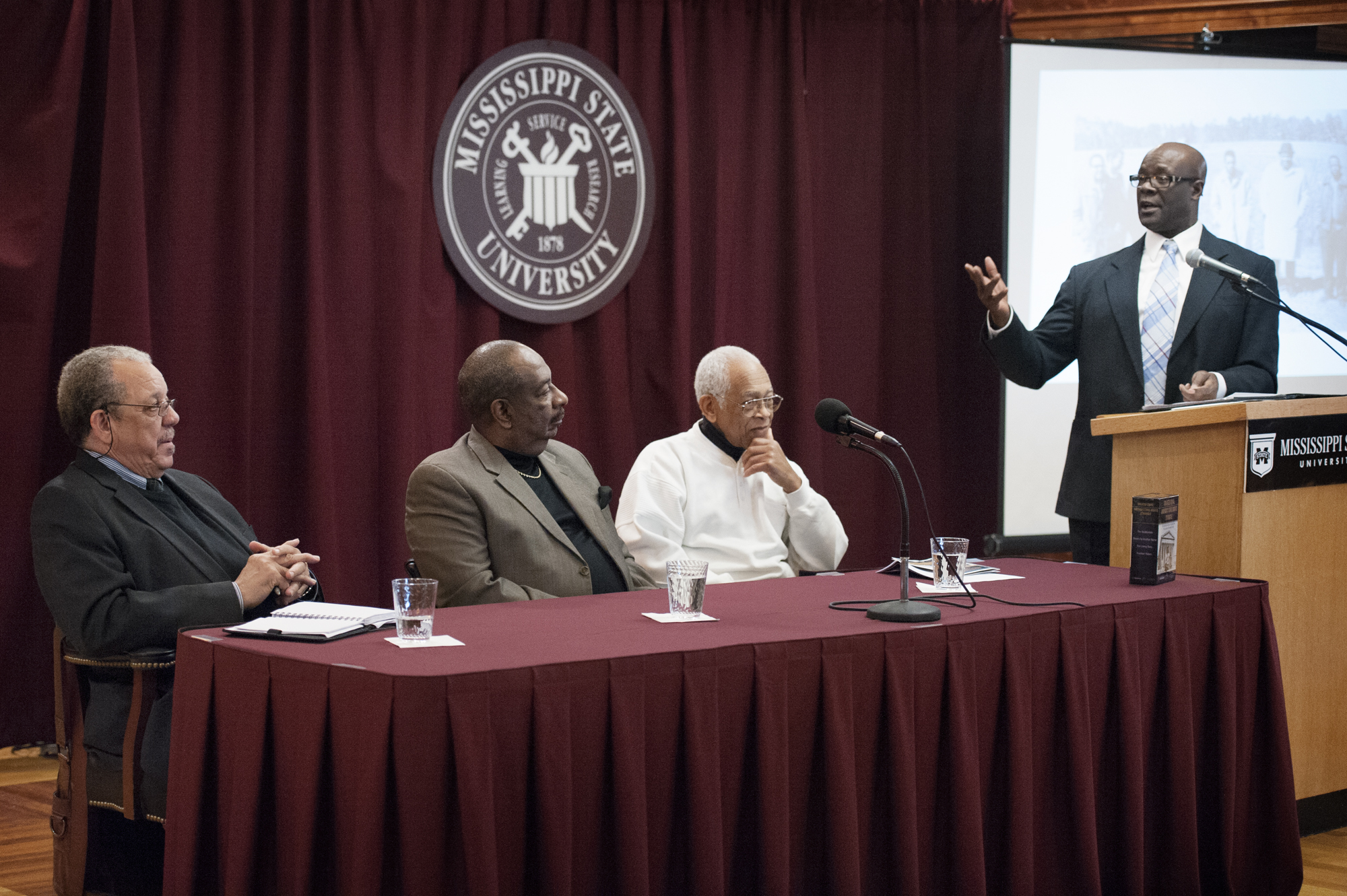 Freedom Riders, from left, Dave Dennis, Hezekiah Watkins and Hollis Watkins considered a question Thursday posed by Stephen Middleton, director of African-American Studies at Mississippi State. The three visited the university as part of the university's Black History Month observance recognizing the 50th anniversary of the first Freedom Ride. Freedom Riders, from left, Dave Dennis, Hezekiah Watkins and Hollis Watkins considered a question Thursday posed by Stephen Middleton, director of African-American Studies at Mississippi State. The three visited the university as part of the university's Black History Month observance recognizing the 50th anniversary of the first Freedom Ride.