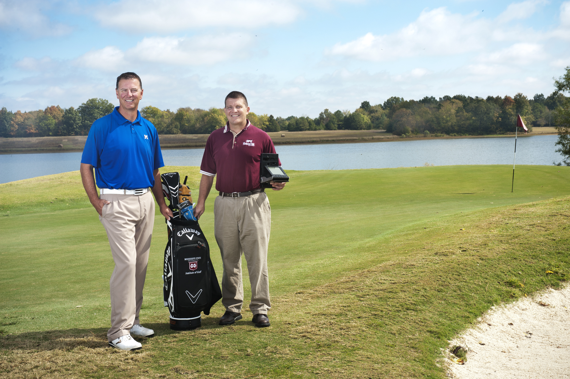 Tony Luczak with MSU's Institute of Golf, left, and Tom Lacy, aerospace engineering interim department head, stop for a photo on the course. Tony Luczak with MSU's Institute of Golf, left, and Tom Lacy, aerospace engineering interim department head, stop for a photo on the course.