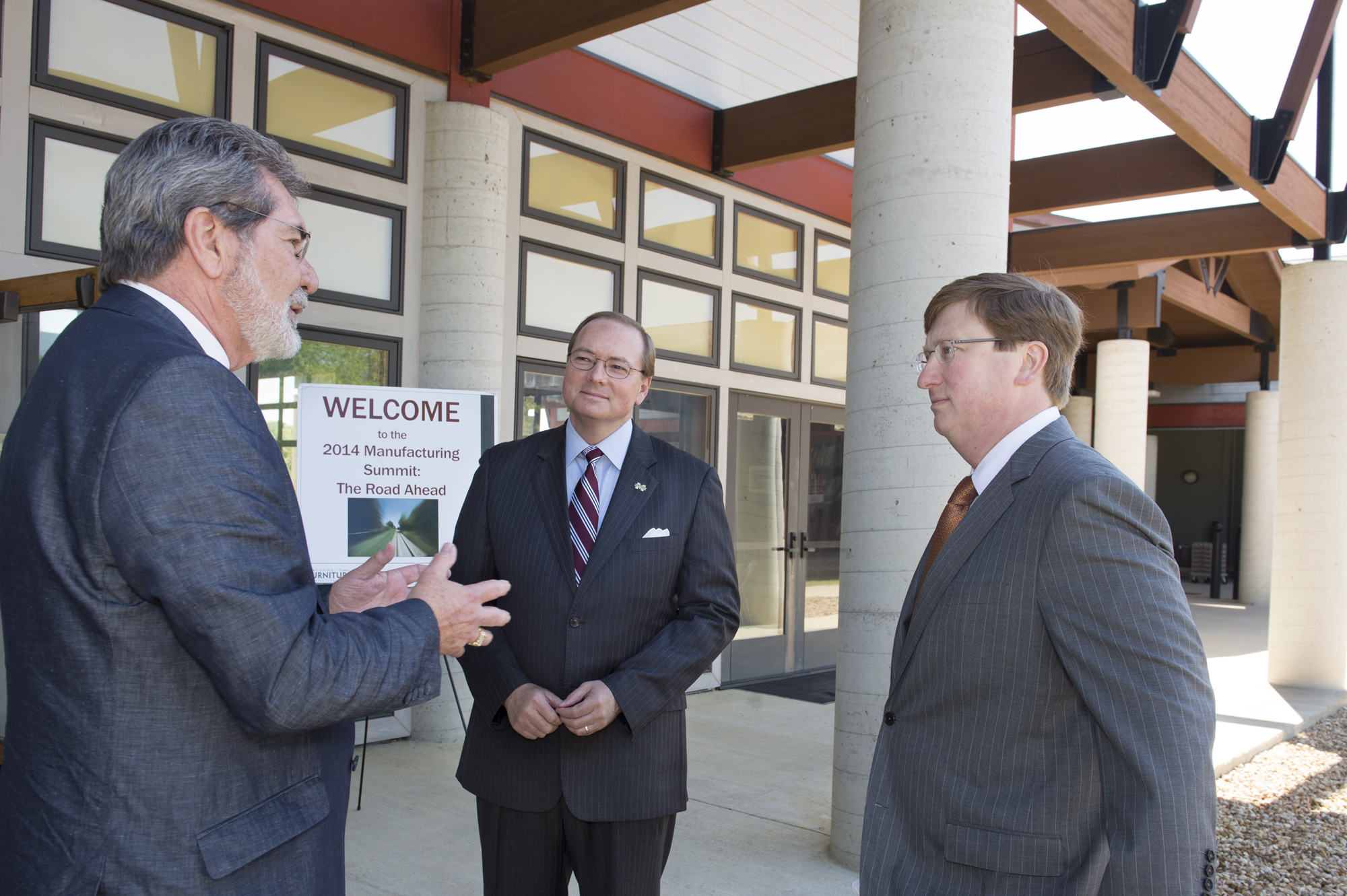 Mississippi State University's annual Furniture Summit hosted Mississippi Lt. Gov. Tate Reeves, right, as keynote speaker. Franklin Furniture Institute Director Bill Martin, left, discusses furniture manufacturing initiatives with MSU President Mark E. Keenum and Reeves. Mississippi State University's annual Furniture Summit hosted Mississippi Lt. Gov. Tate Reeves, right, as keynote speaker. Franklin Furniture Institute Director Bill Martin, left, discusses furniture manufacturing initiatives with MSU President Mark E. Keenum and Reeves.