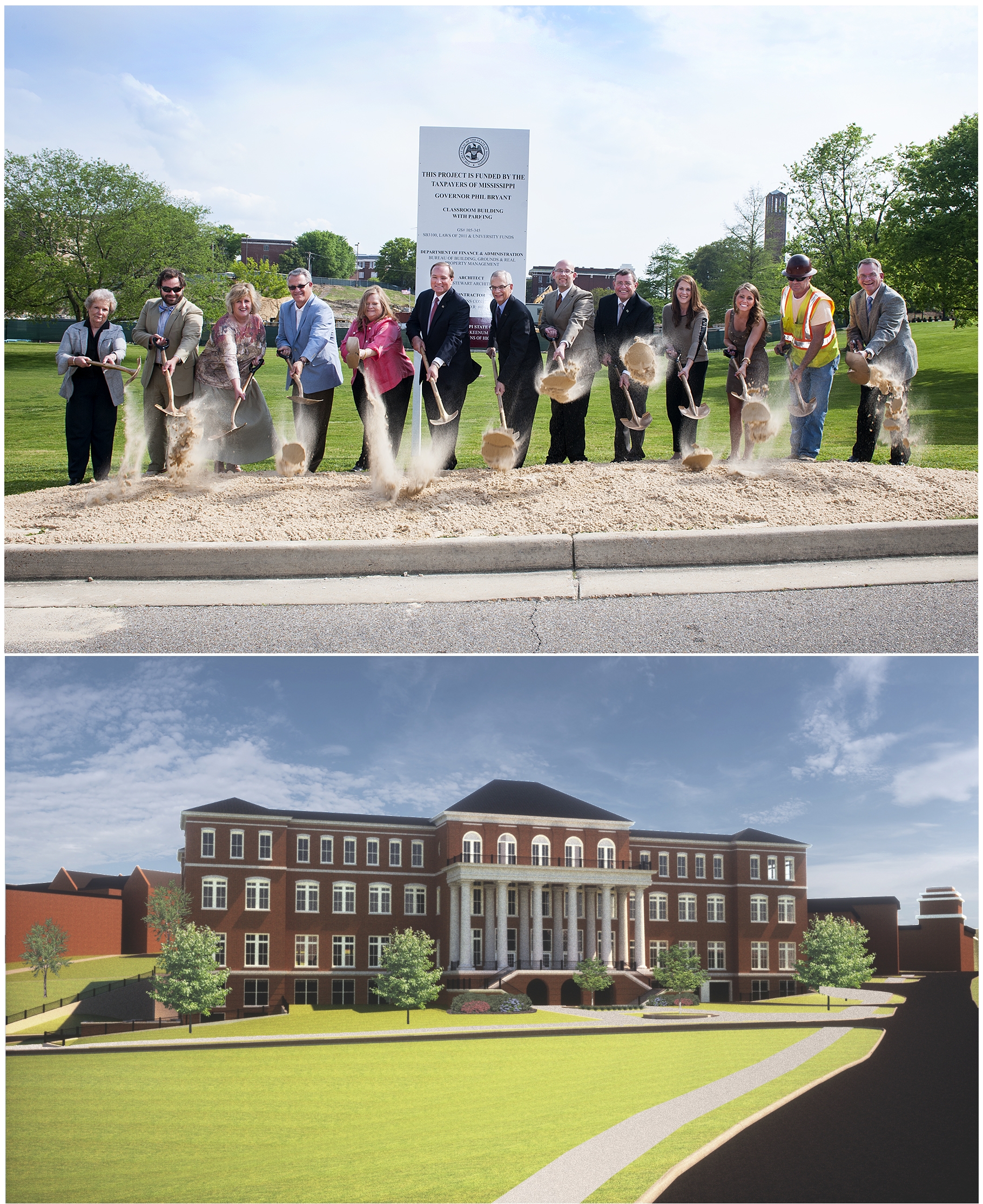 Top: Celebrating the groundbreaking for MSU's new classroom building and parking garage April 24 were from left, Dean of Libraries Frances Coleman; Director of Parking, Transit and Sustainability Jeremiah Dumas; Associate Vice President for Academic Affairs Julia Hodges; Associate Director of Architectural Planning and Construction Tim Muzzi; Principal Architect Belinda Stewart; MSU President Mark E. Keenum; Provost and Executive Vice President Jerry Gilbert; Vice President for Budget and Planning Don Zant; Chief Information Officer Mike Rackley; Project Manager Stephanie Stewart; Student Association Vice President Haley Grantham; Project Superintendent Andy Scoggins; and Vice President for Student Affairs Bill Kibler.<br /><br />
Below: An architectural rendering of the new MSU classroom building. Top: Celebrating the groundbreaking for MSU's new classroom building and parking garage April 24 were from left, Dean of Libraries Frances Coleman; Director of Parking, Transit and Sustainability Jeremiah Dumas; Associate Vice President for Academic Affairs Julia Hodges; Associate Director of Architectural Planning and Construction Tim Muzzi; Principal Architect Belinda Stewart; MSU President Mark E. Keenum; Provost and Executive Vice President Jerry Gilbert; Vice President for Budget and Planning Don Zant; Chief Information Officer Mike Rackley; Project Manager Stephanie Stewart; Student Association Vice President Haley Grantham; Project Superintendent Andy Scoggins; and Vice President for Student Affairs Bill Kibler.<br /><br />
Below: An architectural rendering of the new MSU classroom building.