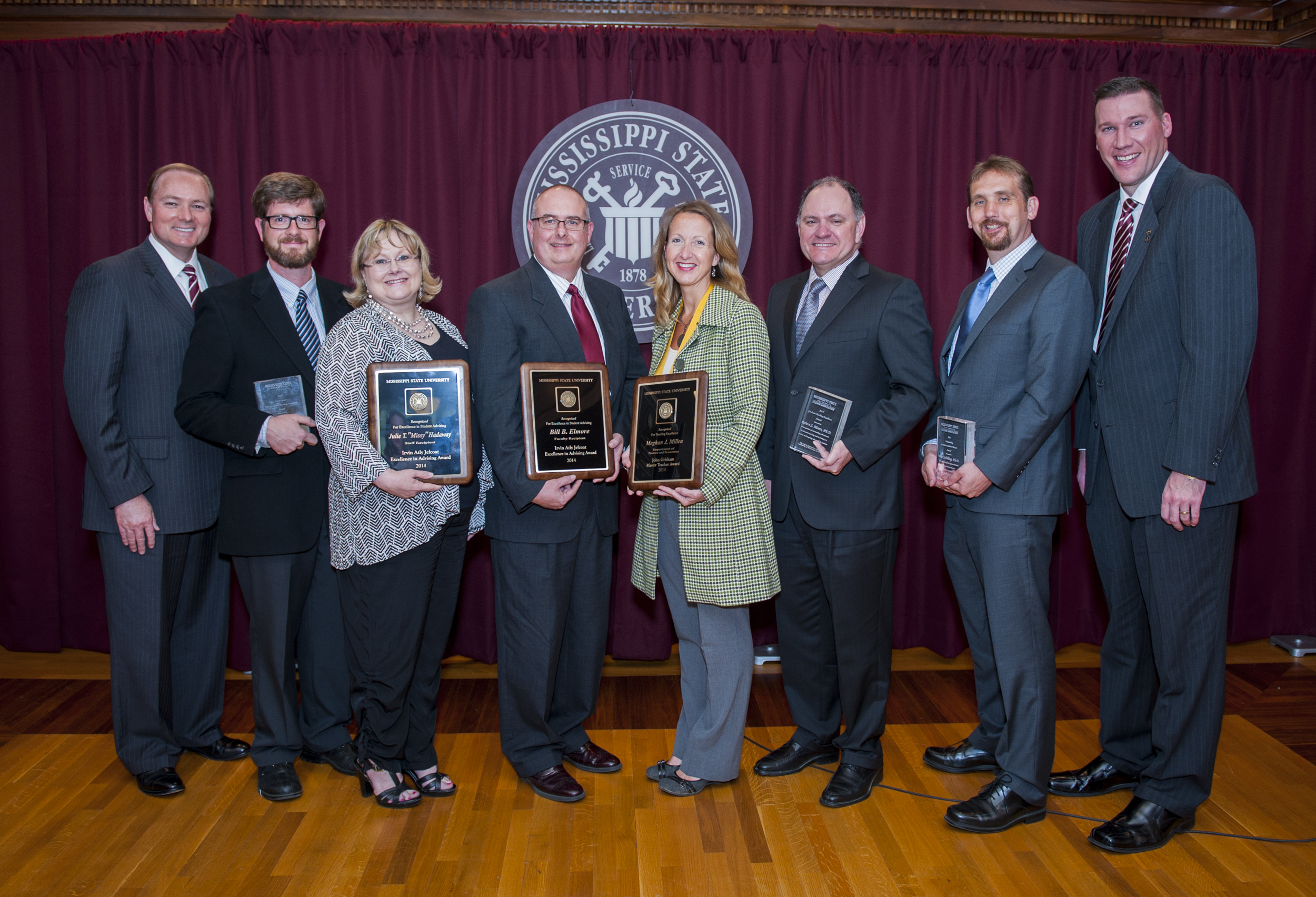 MSU's 2014 faculty honorees shown with MSU President Mark E. Keenum, left, and Alumni Association Executive Director Jeff Davis, right, are (from left) Cory Gallo, Julie "Missy" Hadaway, Bill Elmore, Meghan Millea, Robert Moore and Wes Schilling. MSU's 2014 faculty honorees shown with MSU President Mark E. Keenum, left, and Alumni Association Executive Director Jeff Davis, right, are (from left) Cory Gallo, Julie "Missy" Hadaway, Bill Elmore, Meghan Millea, Robert Moore and Wes Schilling.