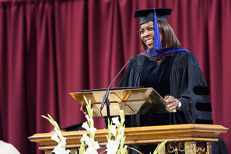 Ertharin Cousin, executive director of the United Nations World Food Programme, delivered Mississippi State's commencement addresses on Friday and Saturday. During her remarks, Cousin noted that her Saturday speech was being delivered on the 60th anniversary of the historic Brown v. Board of Education of Topeka school desegregation decision. Ertharin Cousin, executive director of the United Nations World Food Programme, delivered Mississippi State's commencement addresses on Friday and Saturday. During her remarks, Cousin noted that her Saturday speech was being delivered on the 60th anniversary of the historic Brown v. Board of Education of Topeka school desegregation decision.