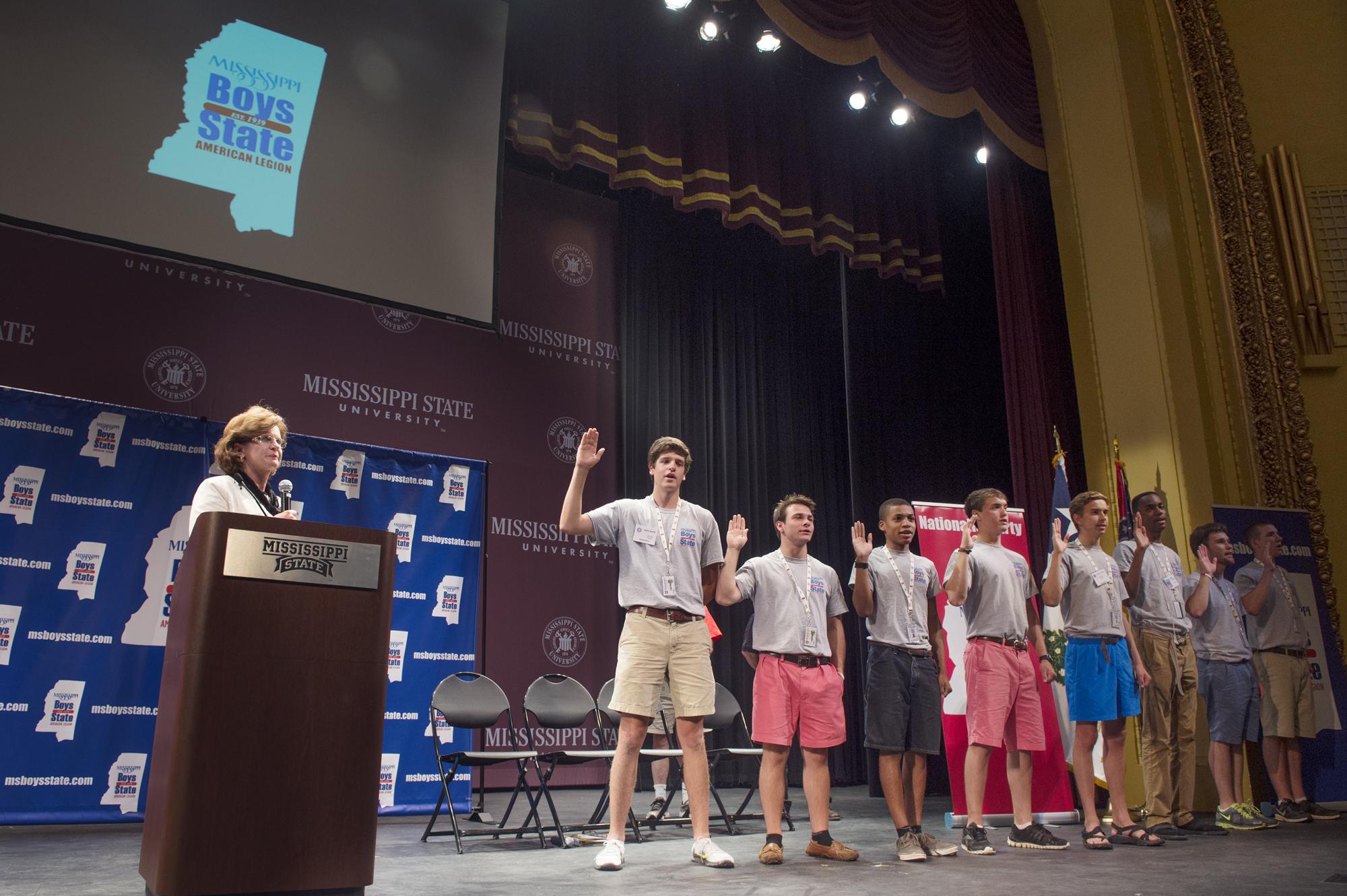 Former Lt. Gov. Amy Tuck, far left, vice president of campus services at Mississippi State University, swears in 2014 Boys State elected officials. They are, from left, Gov. Jacob A. Roberts, Lt. Gov. Frank "Evan" Woods, Secretary of State Matthew T. Myles, Attorney General Charles "Allen" Barbour Jr., State Auditor Charles C. Provine, State Treasurer Gregory E. Wilson, Commissioner of Insurance Adam McMahon and Commissioner of Agriculture Jonathan C. Gage. Former Lt. Gov. Amy Tuck, far left, vice president of campus services at Mississippi State University, swears in 2014 Boys State elected officials. They are, from left, Gov. Jacob A. Roberts, Lt. Gov. Frank "Evan" Woods, Secretary of State Matthew T. Myles, Attorney General Charles "Allen" Barbour Jr., State Auditor Charles C. Provine, State Treasurer Gregory E. Wilson, Commissioner of Insurance Adam McMahon and Commissioner of Agriculture Jonathan C. Gage.