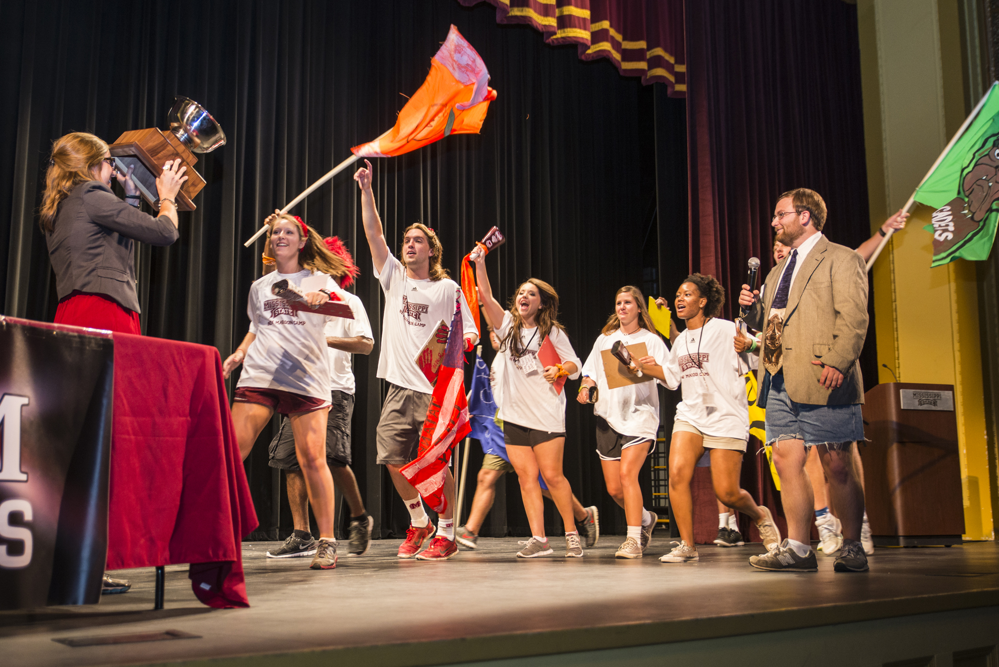 Counselors run toward the trophy during a skit at the conclusion of the inaugural New Maroon Camp. During the four-day, three-night student-led retreat, incoming students learned about university history, traditions and ways to get involved on campus.