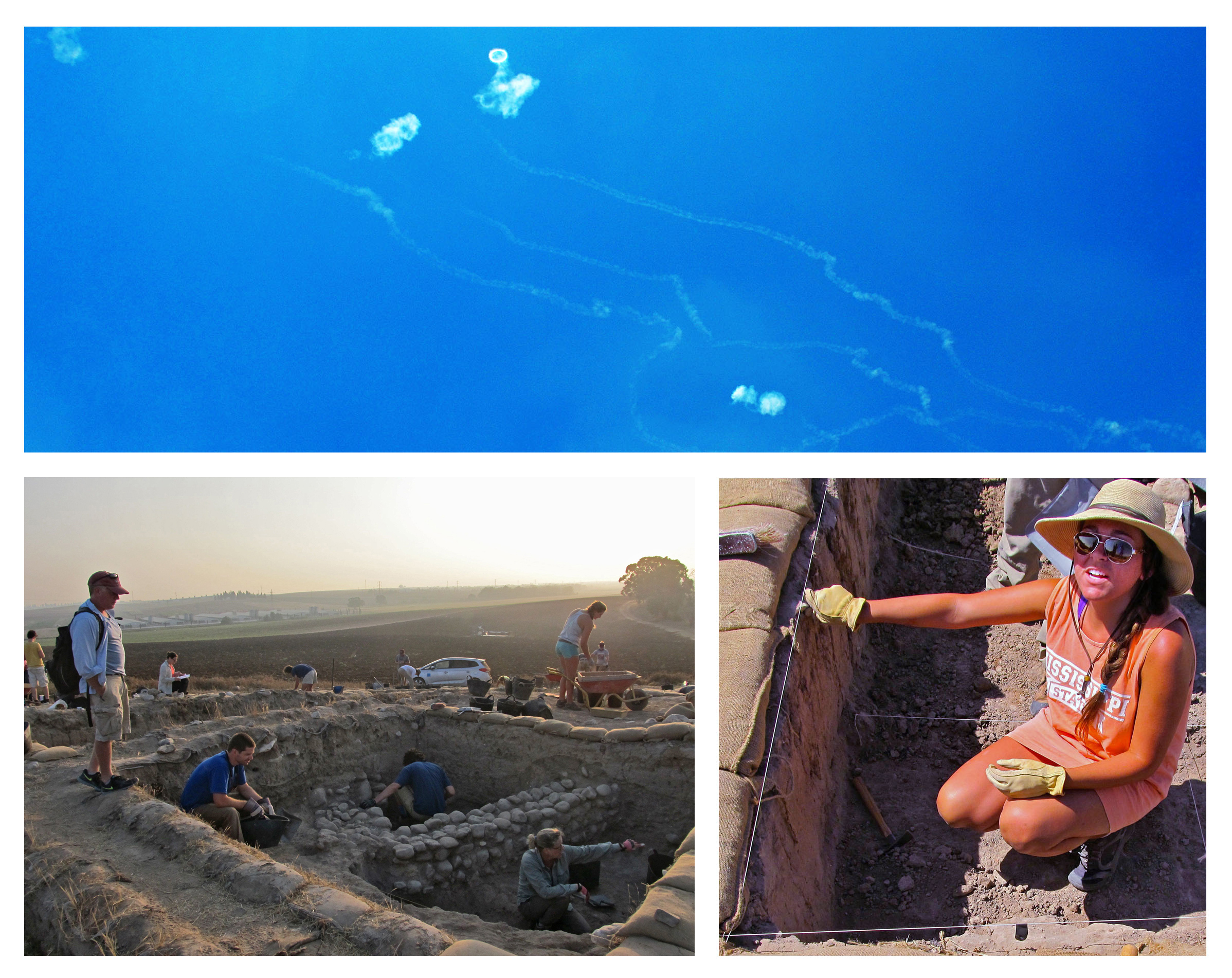 Top: Tension between Israel and Gaza escalated into violence while the Mississippi State University team was in the country. These vapor trails mark Hamas missiles fired into Israel and intercepted by Israel's defense system known as the Iron Dome. On occasion, a hit creates a smoke ring, visible in this photo taken over the MSU dig site at Khirbet Summeily. (Submitted Photo/Christopher Howell); Bottom left: At sunrise, Jimmy Hardin, Mississippi State University associate professor of archaeology, looks over the university's dig at Khirbet Summeily in the Negev Desert near Beersheva in southern Israel. (Submitted Photo); Bottom right: Lydia Buckner, a senior anthropology major at Mississippi State University, works on an excavation site in Israel. (Submitted Photo) Top: Tension between Israel and Gaza escalated into violence while the Mississippi State University team was in the country. These vapor trails mark Hamas missiles fired into Israel and intercepted by Israel's defense system known as the Iron Dome. On occasion, a hit creates a smoke ring, visible in this photo taken over the MSU dig site at Khirbet Summeily. (Submitted Photo/Christopher Howell); Bottom left: At sunrise, Jimmy Hardin, Mississippi State University associate professor of archaeology, looks over the university's dig at Khirbet Summeily in the Negev Desert near Beersheva in southern Israel. (Submitted Photo); Bottom right: Lydia Buckner, a senior anthropology major at Mississippi State University, works on an excavation site in Israel. (Submitted Photo)