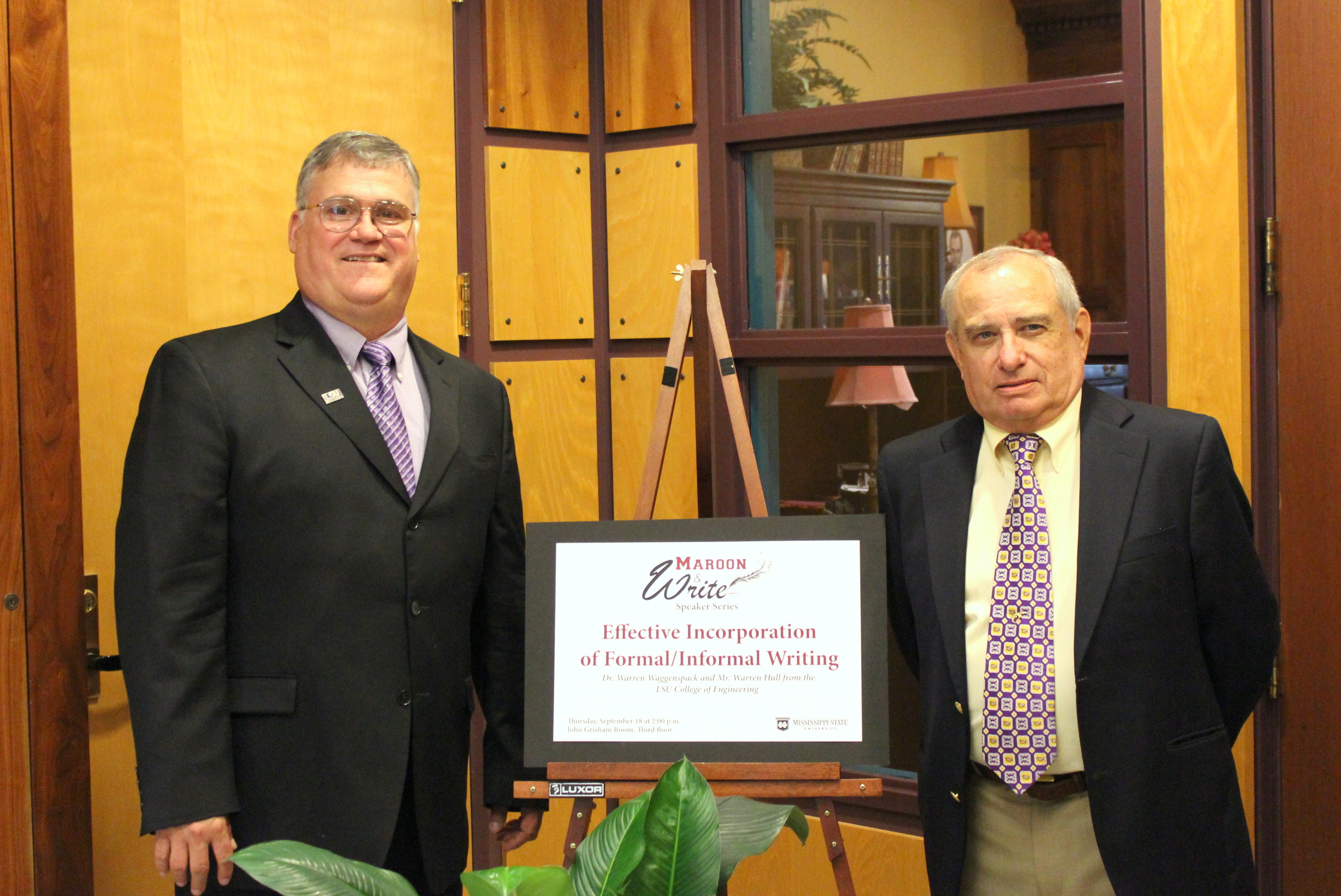 For the Maroon & Write Speaker Series, Mississippi State University hosted, from left, Warren Waggenspack, associate professor of LSU's College of Engineering, and Warren Hull, director of the Chevron Center for Engineering Education. For the Maroon & Write Speaker Series, Mississippi State University hosted, from left, Warren Waggenspack, associate professor of LSU's College of Engineering, and Warren Hull, director of the Chevron Center for Engineering Education.
