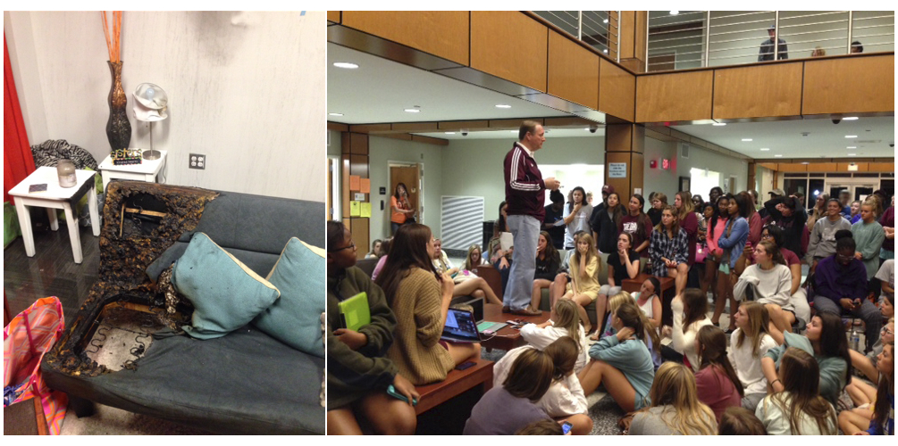 (Left) Local fire officials said that a burning candle in a residential room apparently caused the Oak Hall fire, which burned a couch and was quickly contained by the building's fire suppression system and responding fire units.<br /><br />
(Right) MSU President Mark E. Keenum spoke with students at Oak Hall Sunday night as part of the university's immediate response to make accommodations for affected students. (Left) Local fire officials said that a burning candle in a residential room apparently caused the Oak Hall fire, which burned a couch and was quickly contained by the building's fire suppression system and responding fire units.<br /><br />
(Right) MSU President Mark E. Keenum spoke with students at Oak Hall Sunday night as part of the university's immediate response to make accommodations for affected students.