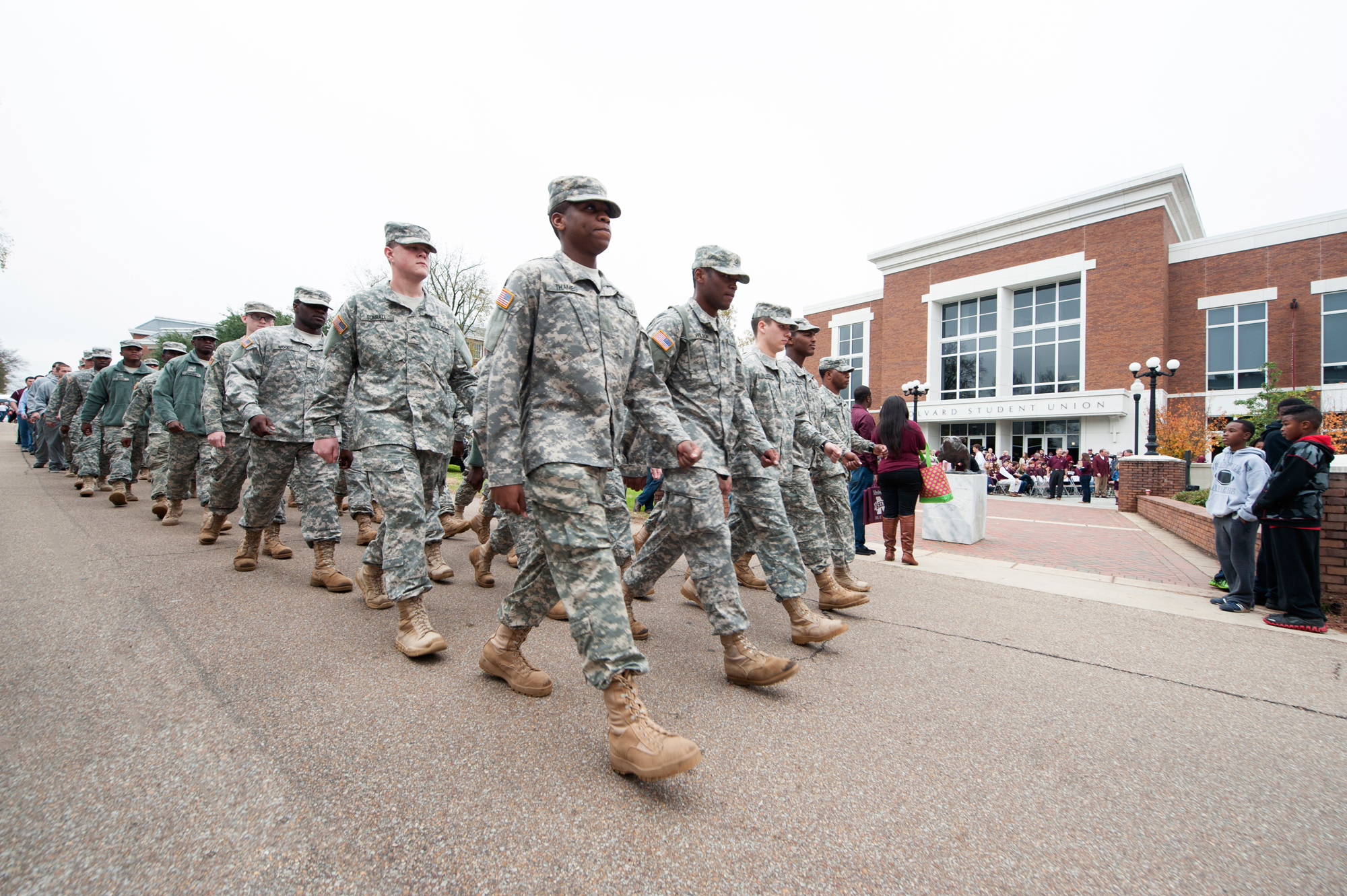 "Best for Vets" rankings, released this week by "Military Times," puts Mississippi State in the top 50 in the nation for services offered to military personnel and veterans. Here, Army ROTC members march in front of Colvard Student Union as they prepare to become lieutenants for the active Army, National Guard, and U.S. Army Reserves. The university also offers Air Force ROTC, which also prepares members to become commissioned officers.<br />
