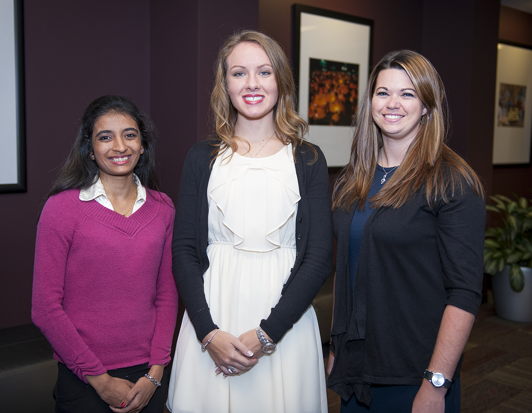 Award winners at MSU's Three Minute Thesis competition included, from left, Mukti Patel, a doctoral student in mechanical engineering, Grand Champion; Sara Fast, a master's student in civil and environmental engineering, People's Choice Award; and Alyssa Barrett, a master's student in agricultural and extension education, Grand Champion Runner Up.