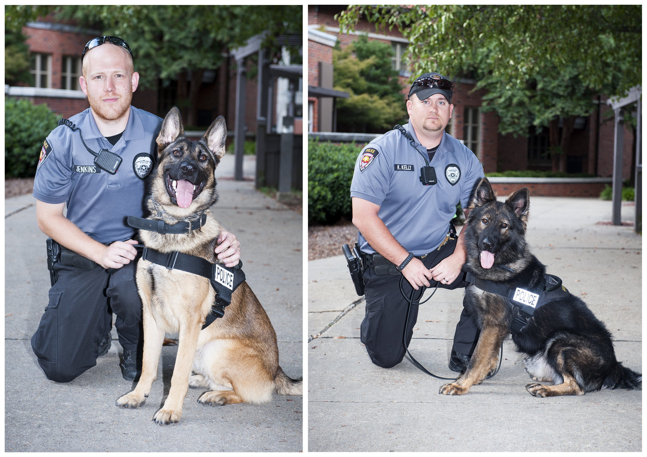 Officer Patrick Jenkins with "Miguel," left, and Officer Kyle Kelly with "Drive." 
