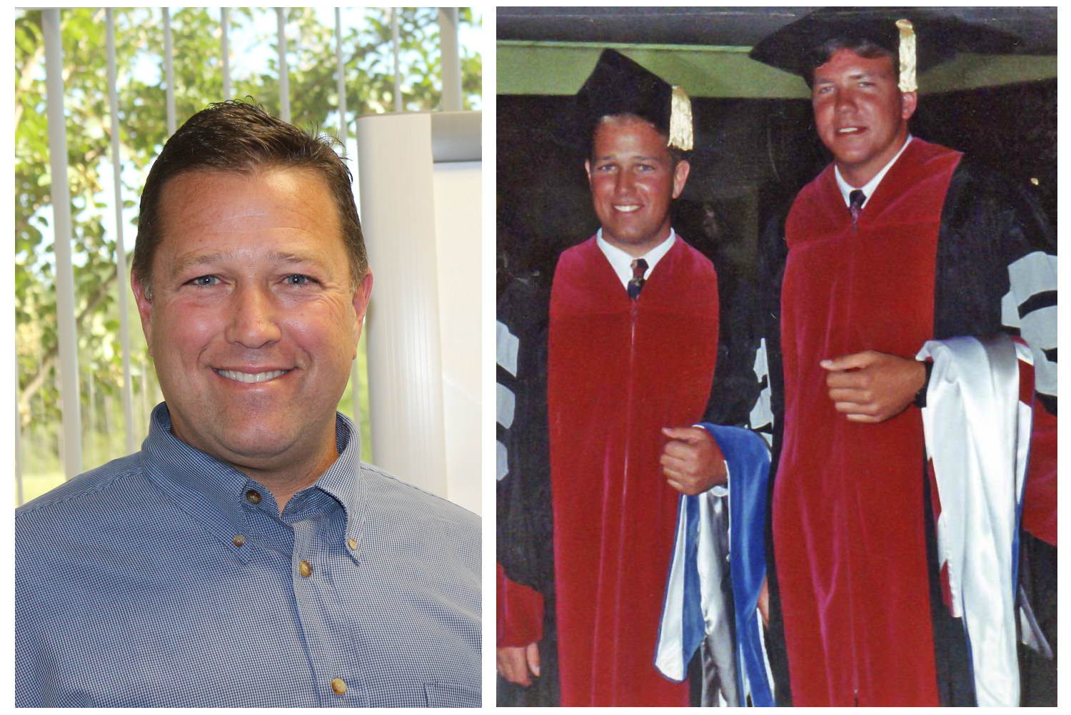 Dr. Todd R. Henderson, left, president and CEO of Nutramax Laboratories, is honoring his late friend and classmate Dr. Paul W. Farmer, shown at right with Henderson at their MSU-CVM graduation.