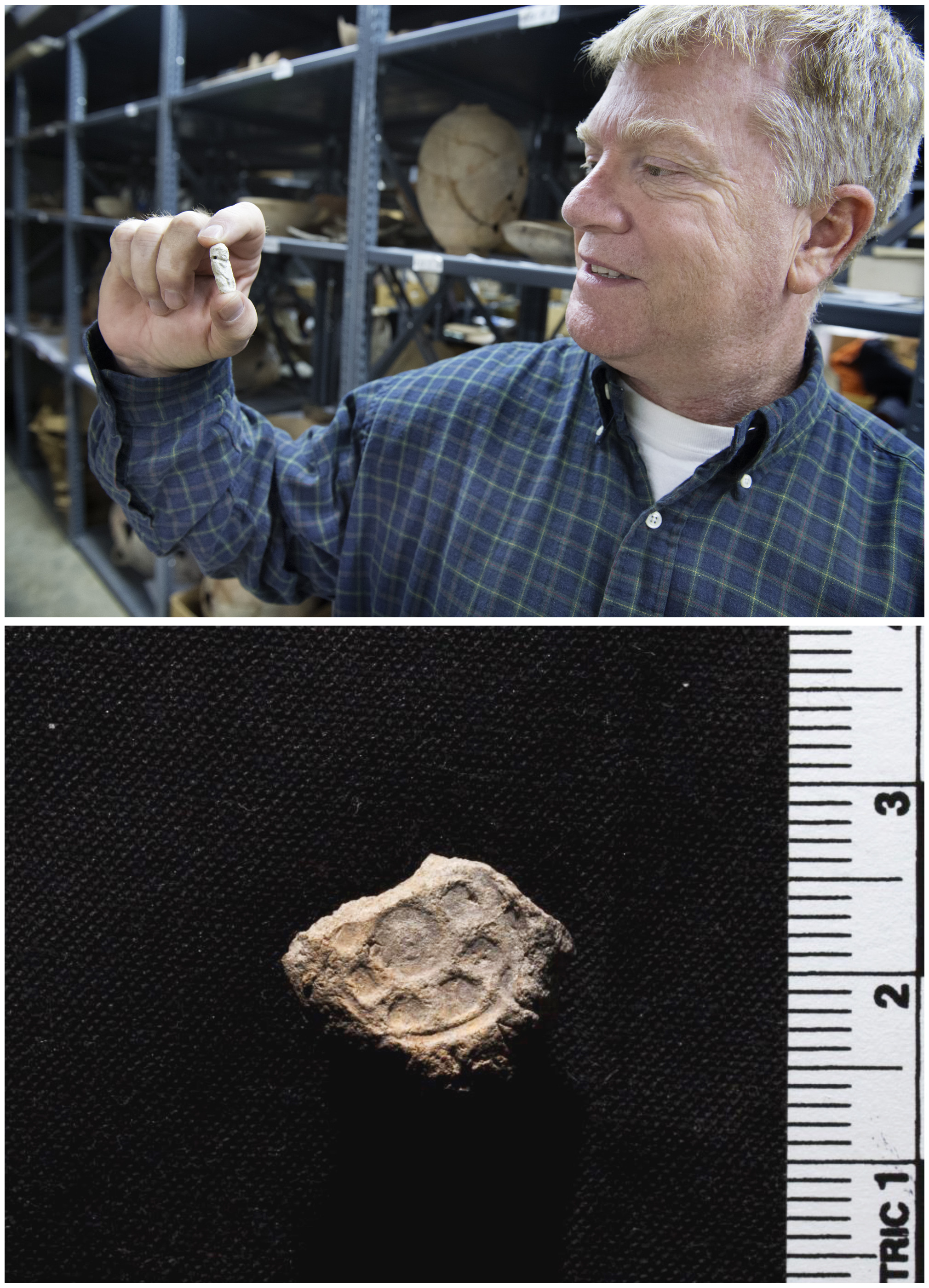 Top: Jimmy Hardin, an associate professor in the Mississippi State University Department of Anthropology and Middle Eastern Cultures, co-directed a team in Israel that found archaeological evidence from the time of kings David and Solomon. In his MSU laboratory, Hardin examines an Egyptian figurine dating to the 10th or 11th century BC. (Photo by Megan Bean) Below: A Mississippi State University team found this bulla, or ancient clay seal, on a dig site in southern Israel last summer. It offers evidence of government activity in the 10th century B.C., a time when many scholars said a kingdom could not exist in the region. (Photo by University of Wisconsin/Nathaniel Greene)