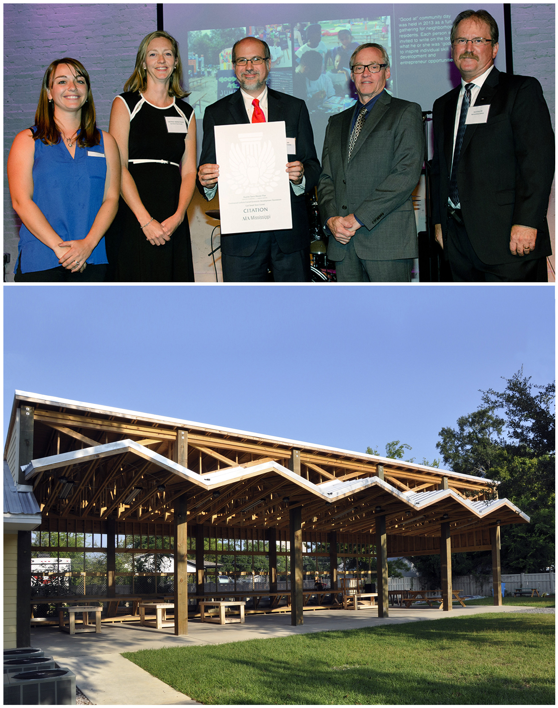 Top: The Mississippi Chapter of the American Institute of Architects honored Mississippi State University's Carl Small Town Center with Citation Award in the master planning and urban design category for the Baptist Town master plan. From left are Enterprise Rose Architectural Fellow Emily Roush Elliot, CSTC Assistant Director Leah Faulk-Kemp, CSTC Director John Poros, MSU College of Architecture, Art and Design Dean Jim West, and AIA Mississippi Board of Directors President J. Scott Eddy.</p>
<p>Bottom: Gulf Coast Community Design Studio also won an honor award in the architecture/new construction category for the Women in Construction Training Center in the Moore Community House.<br />

